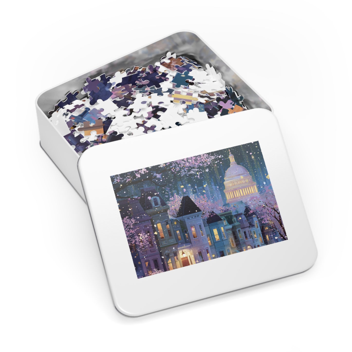 Whimsical Washington DC Cherry Blossom Puzzle – A Magical Springtime in the Nation’s Capital-Jigsaw Puzzle with Tin