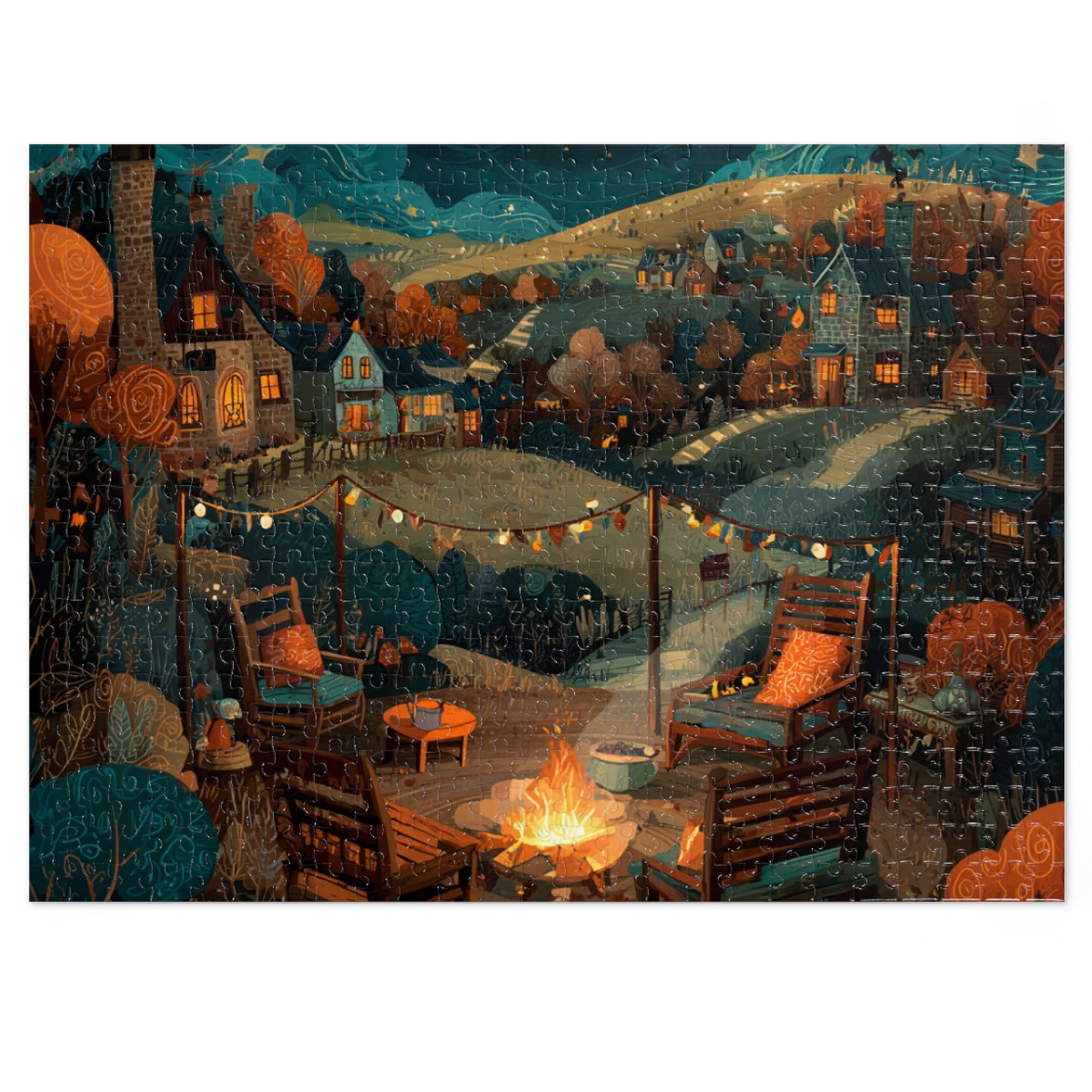 Cozy Campfire Village Jigsaw Puzzle with Tin — 500pc Scenic Nighttime Puzzle