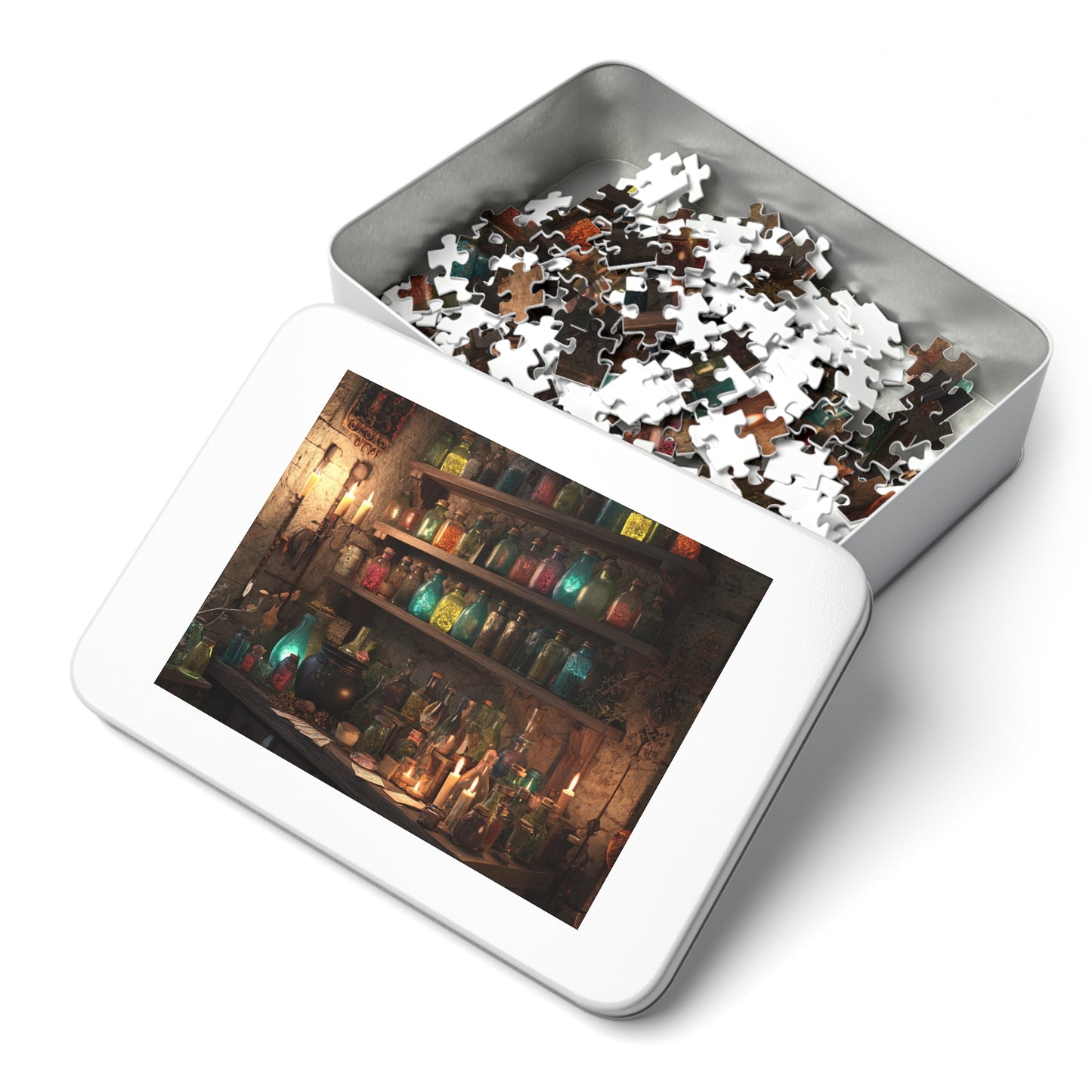 Witchs Potion Room Puzzle with Spellbinding Bottles, Magical Brews an Enchanted Jigsaw Puzzle with Decorative Tin