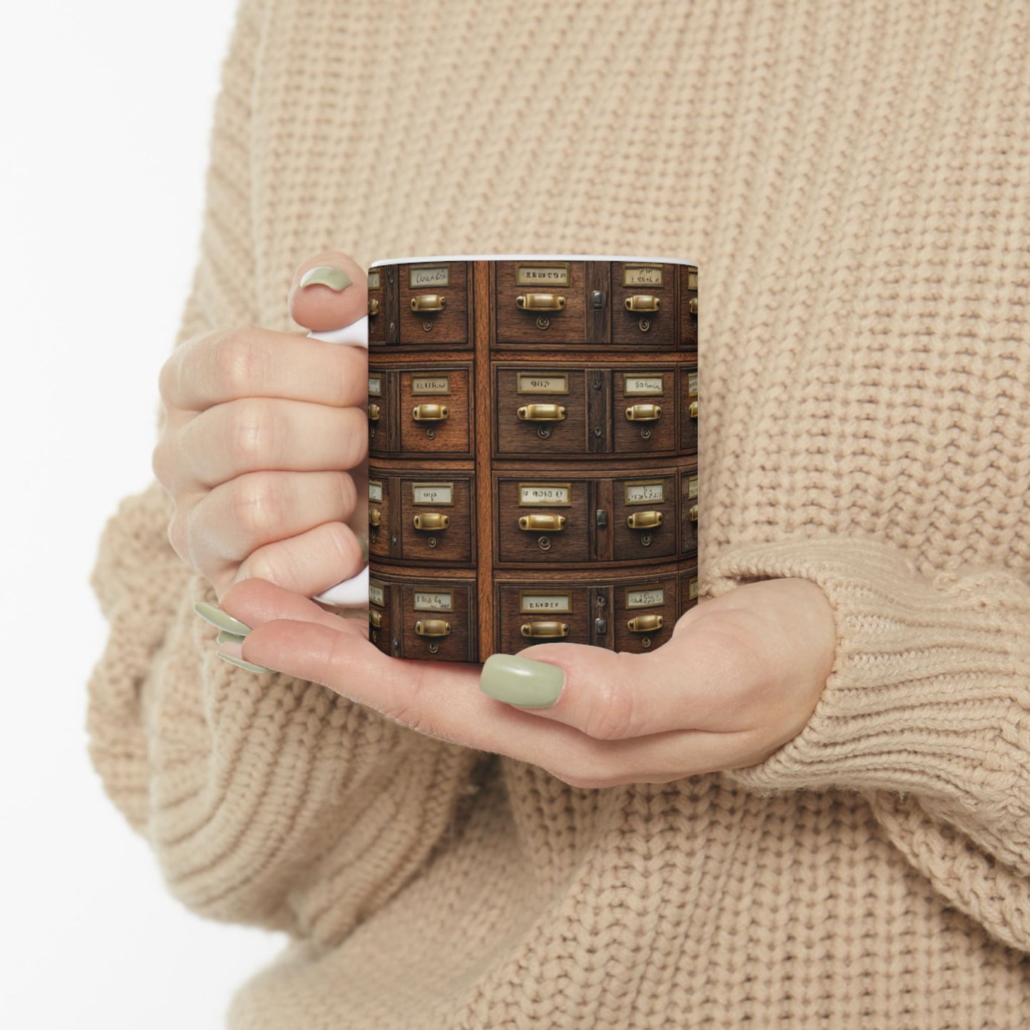 Vintage Library Card Catalog Mug — Antique Wooden Drawer Pattern Ceramic Coffee Cup (11oz/15oz)
