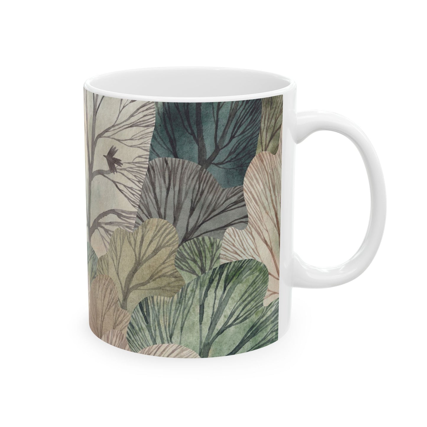 Whimsical Forest Ceramic Mug, Woodland Leaves in Muted Green, Gray and Cream, Cozy Nature Coffee Cup, 11oz & 15oz