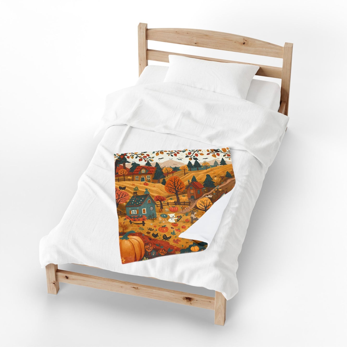Cozy Autumn Village Velveteen Plush Blanket | Fall Harvest Throw | Soft Plush Blanket Gift | Warm Rustic Home Decor | Pumpkin Season Blanket