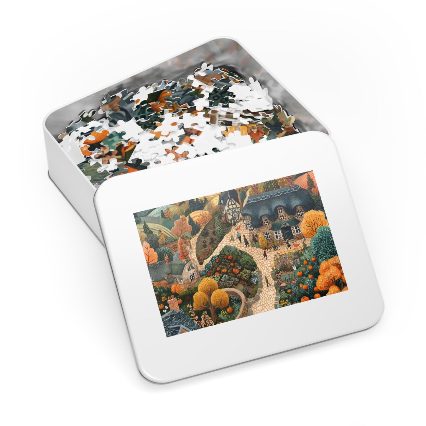 Autumn Cottage Village Jigsaw Puzzle — 500-Piece Fall Village Puzzle with Tin Gift Box
