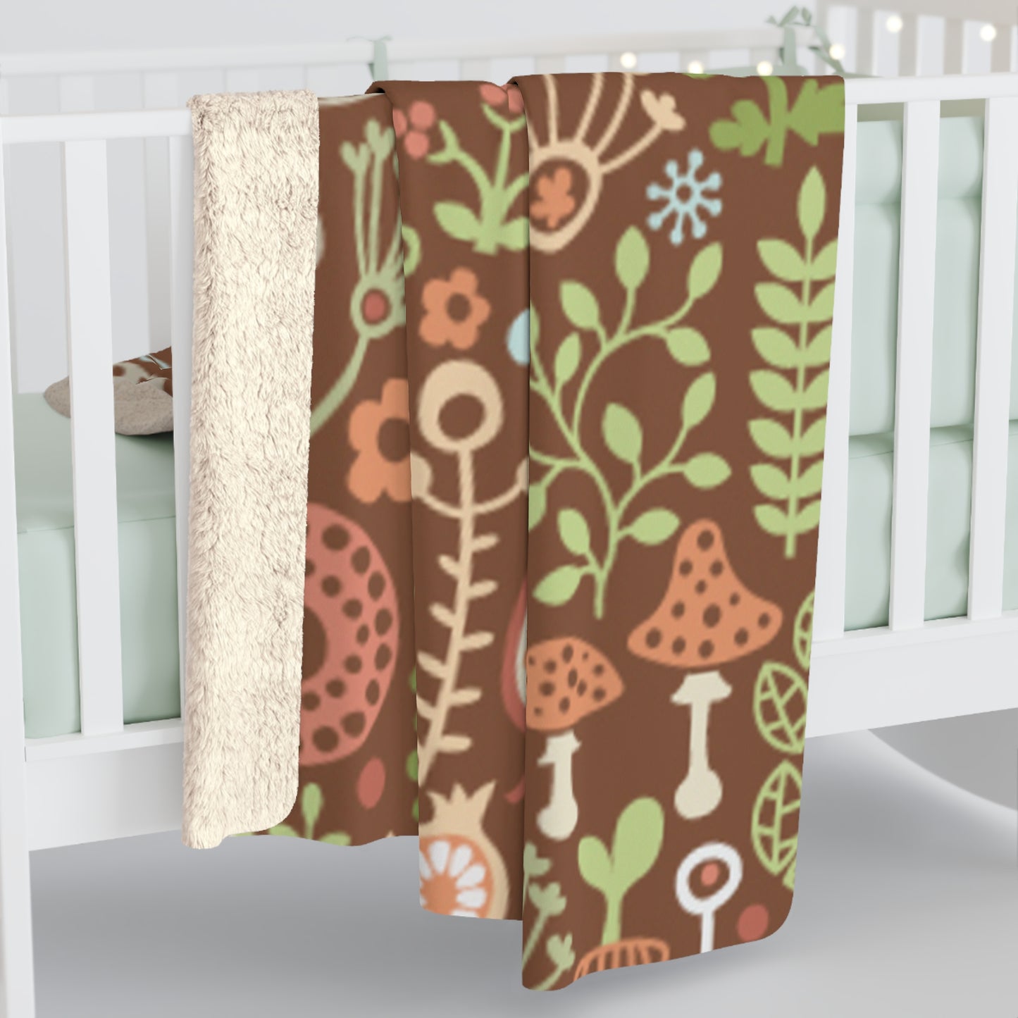 Autumn Mushroom Sherpa Blanket — Cozy Woodland Fleece Throw