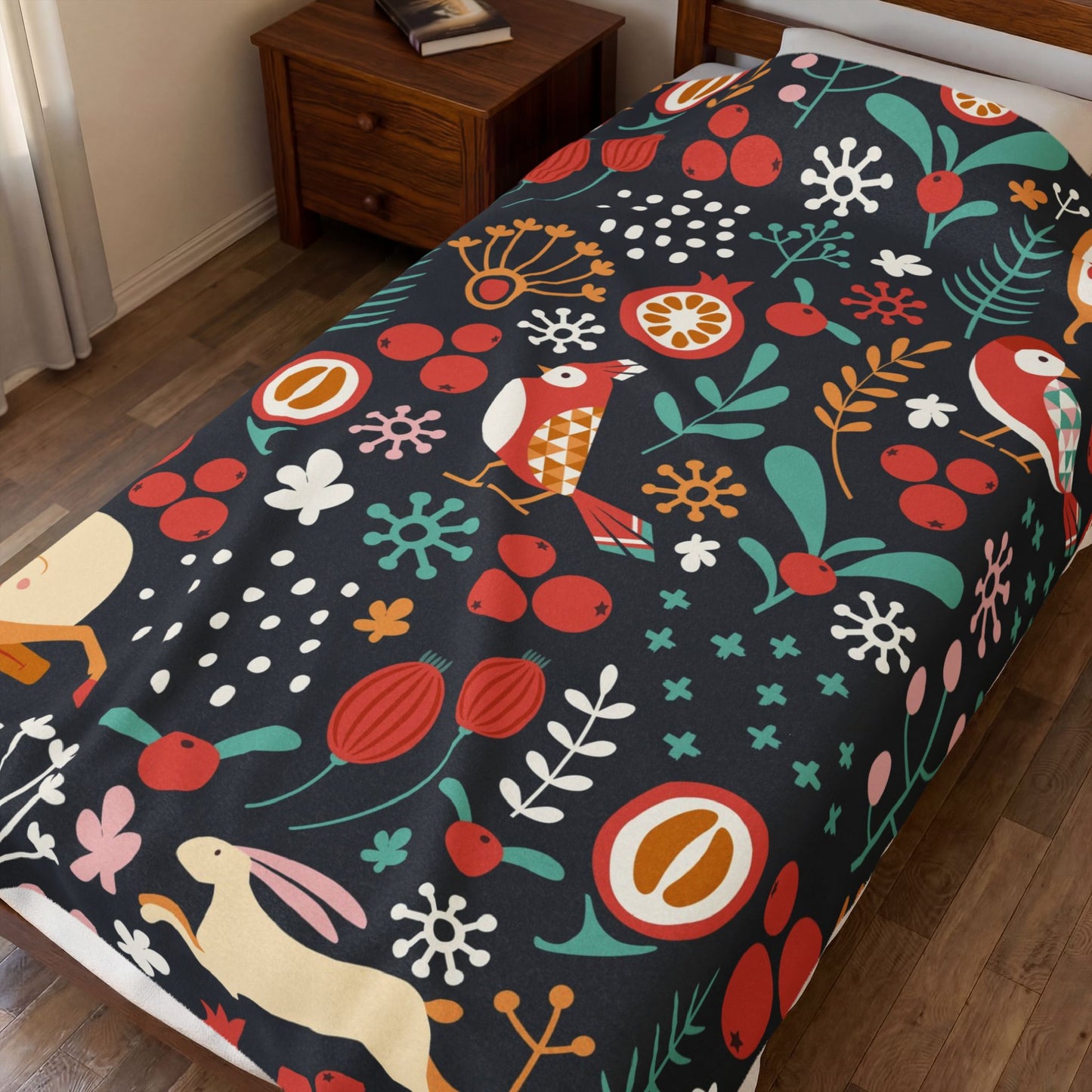 Velveteen Plush Blanket — Whimsical Forest Animals & Berries Throw