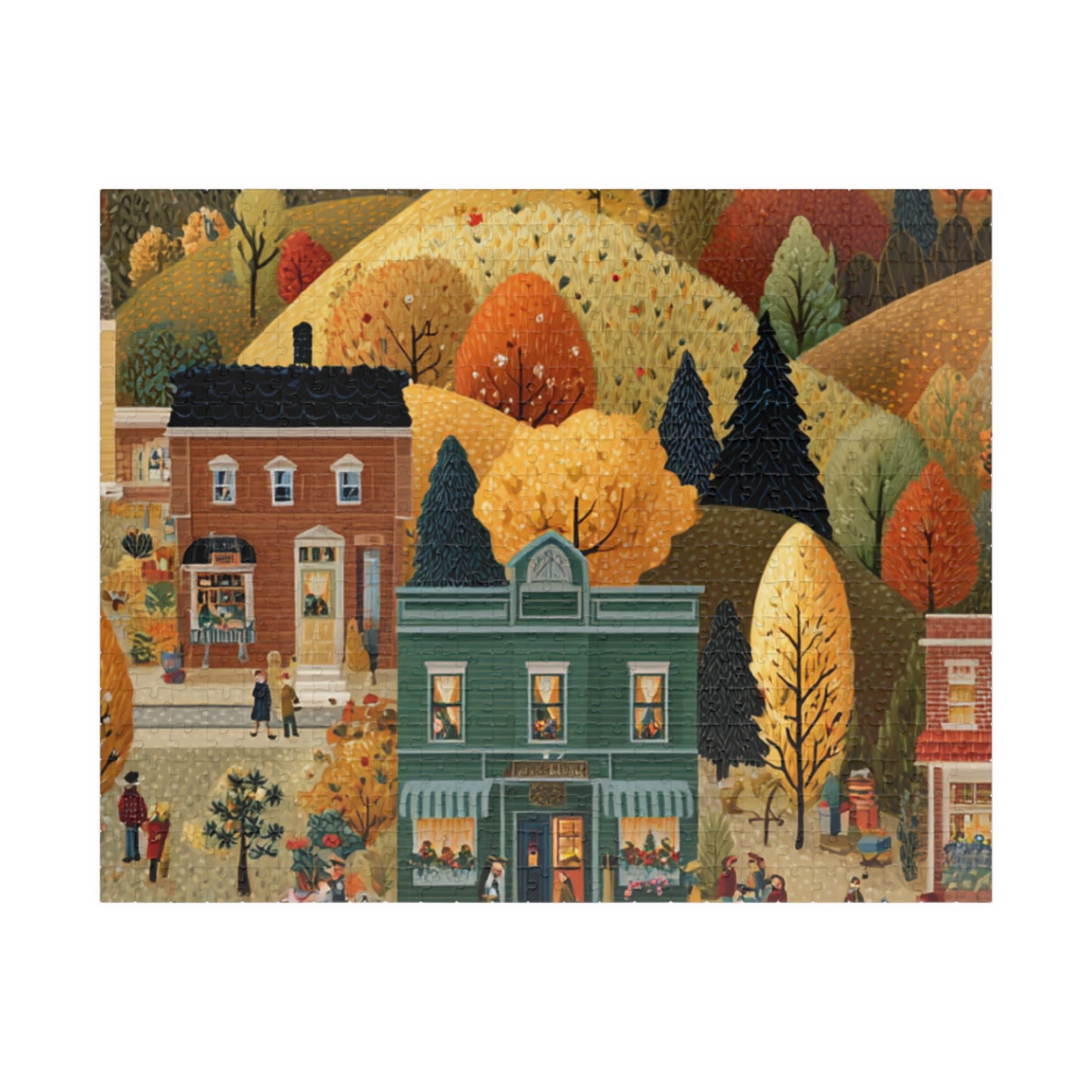 Whispering Pines Village Puzzle | Autumn Mountain Countryside Scene | Cozy Fall Jigsaw Gift | Jazz N’ Coffee Puzzles