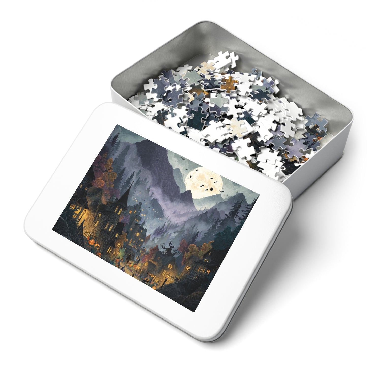 Spookington Village Puzzle Collection,  Spookington Village on Old Hallows Eve with Tin, Halloween Puzzle