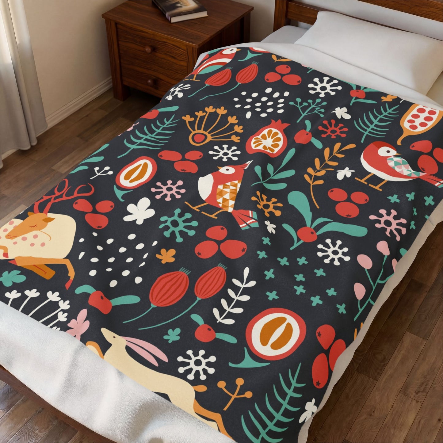 Velveteen Plush Blanket — Whimsical Forest Animals & Berries Throw