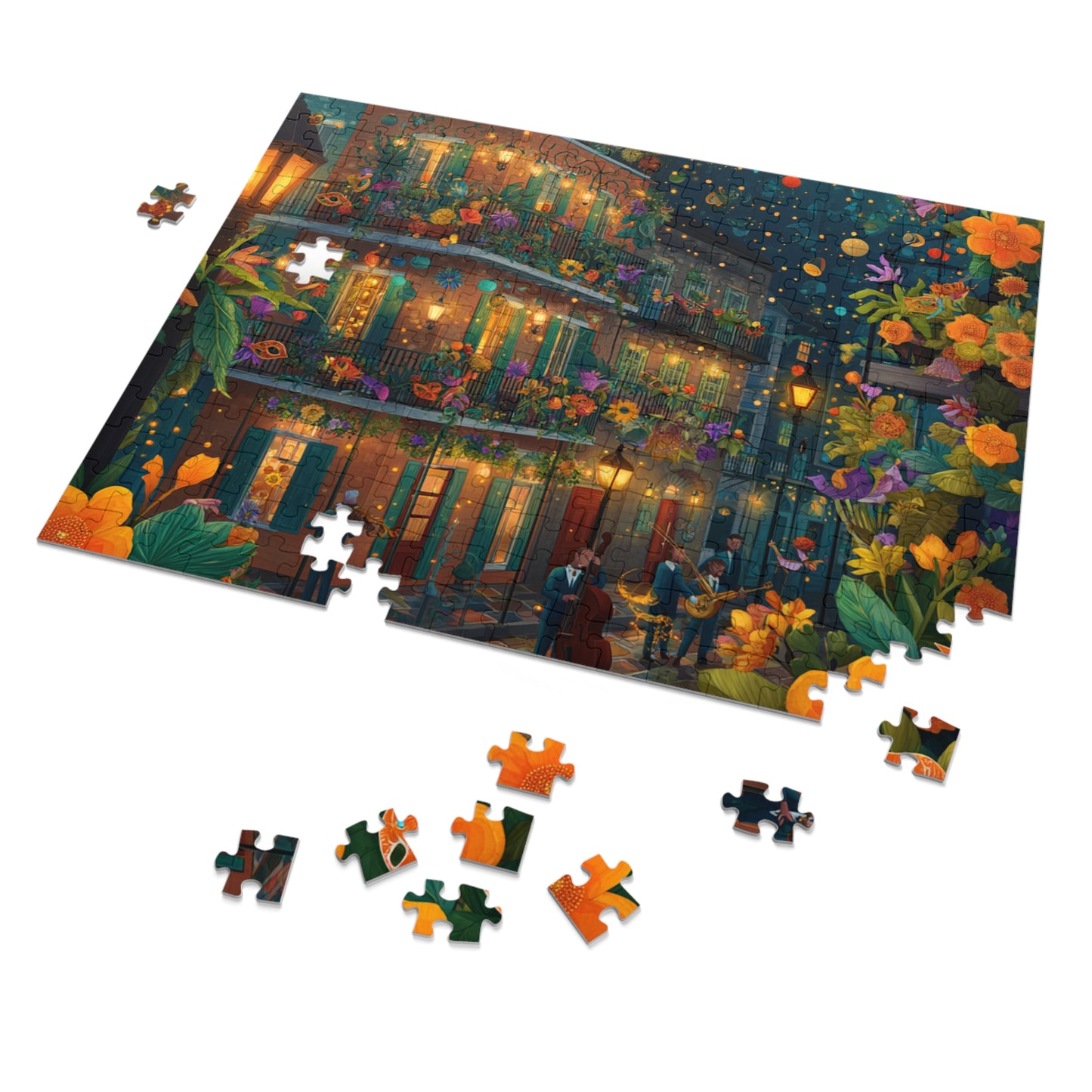 Whimsical New Orleans Jazz Puzzle – A Colorful Night in the Crescent City Jigsaw Puzzle with Tin