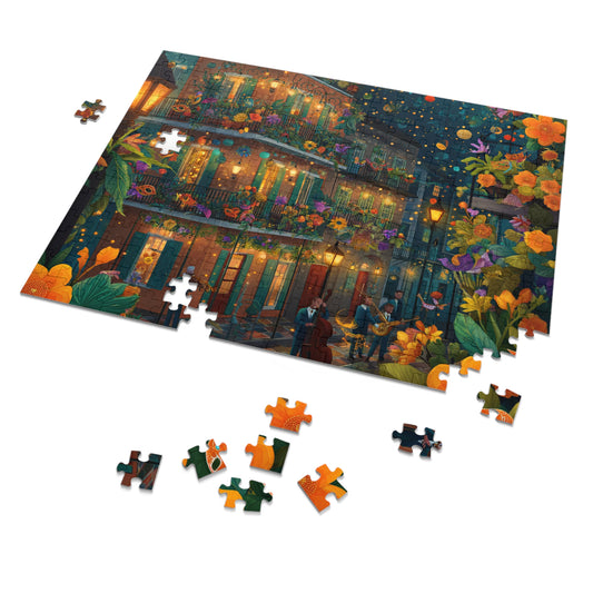 Whimsical New Orleans Jazz Puzzle – A Colorful Night in the Crescent City Jigsaw Puzzle with Tin