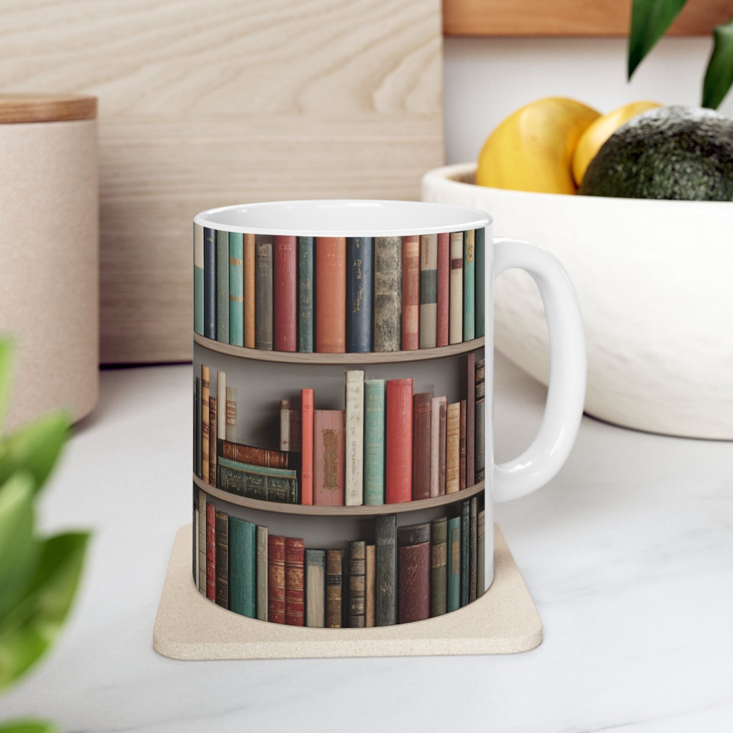 Book Lover Ceramic Mug — Vintage Bookshelf Coffee Cup (11oz & 15oz)
