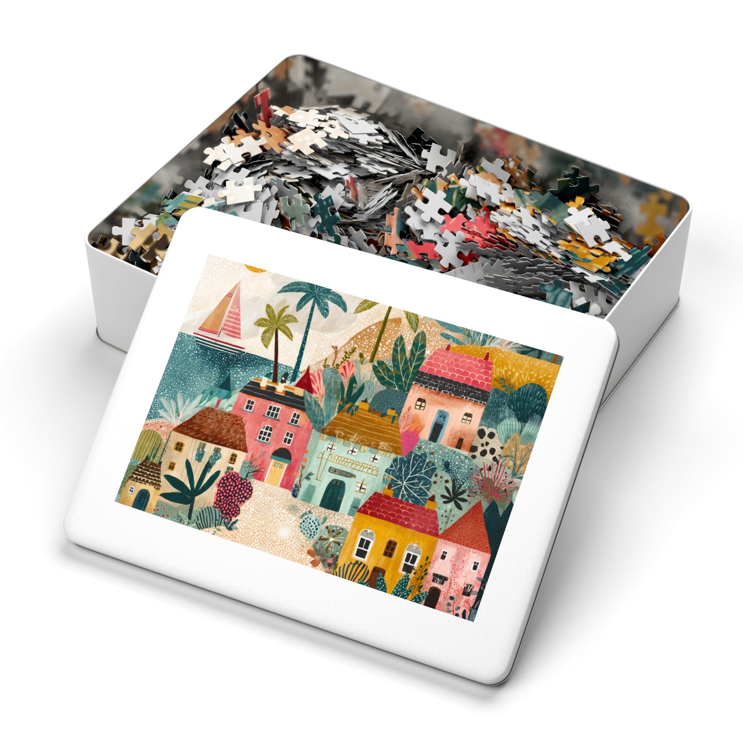 Colorful Coastal Village Jigsaw Puzzle with Tin – Fun Family Activity, Whimsical Folk Art Puzzle, Gift for All Ages