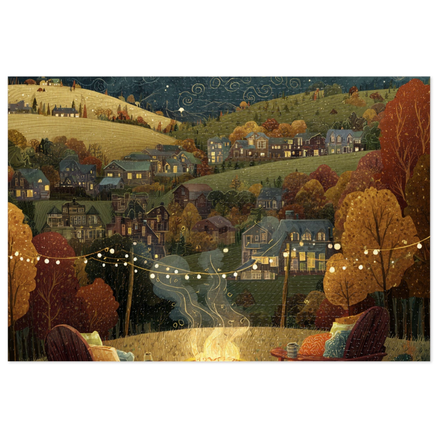 Cozy Hillside Evening Jigsaw Puzzle with Tin — Scenic Campfire Village Puzzle