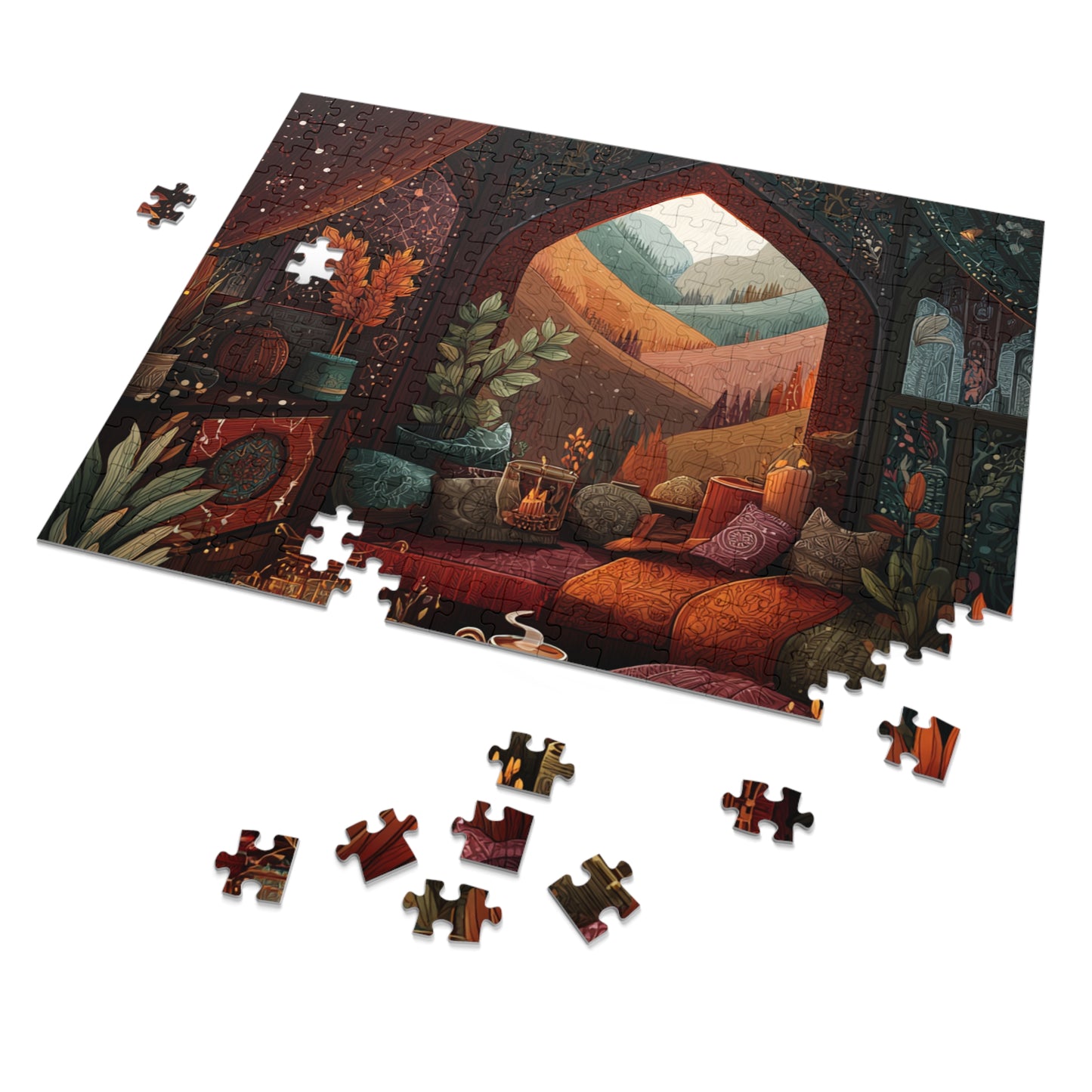 Cozy Autumn Window View Jigsaw Puzzle — 500-Piece Scenic Puzzle with Tin