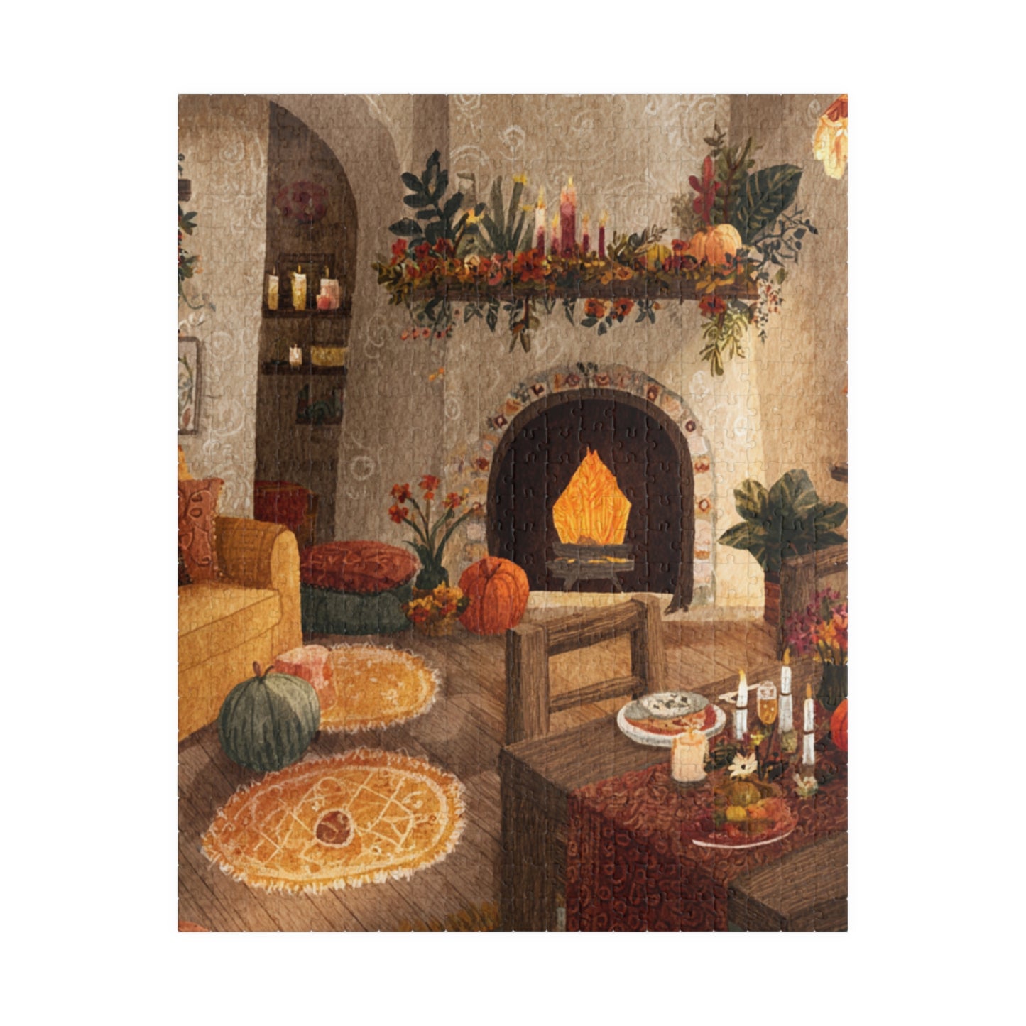 Autumn Cozy Living Room Puzzle | Glowing Fireplace Fall Decor | Cozy Seasonal Jigsaw Gift | Jazz N’ Coffee Puzzles