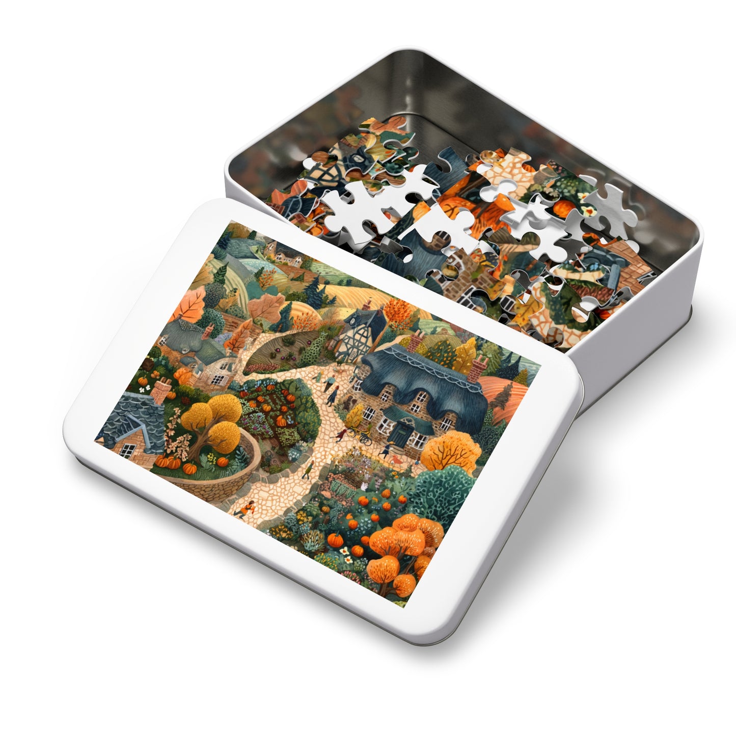 Autumn Cottage Village Jigsaw Puzzle — 500-Piece Fall Village Puzzle with Tin Gift Box