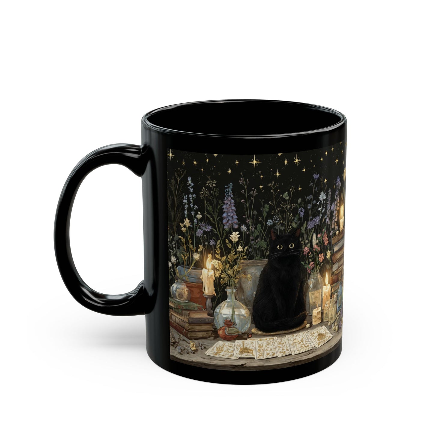 Witchy Black Cat Alchemy Mug — Candlelit Potions & Starry Books (11oz/15oz)