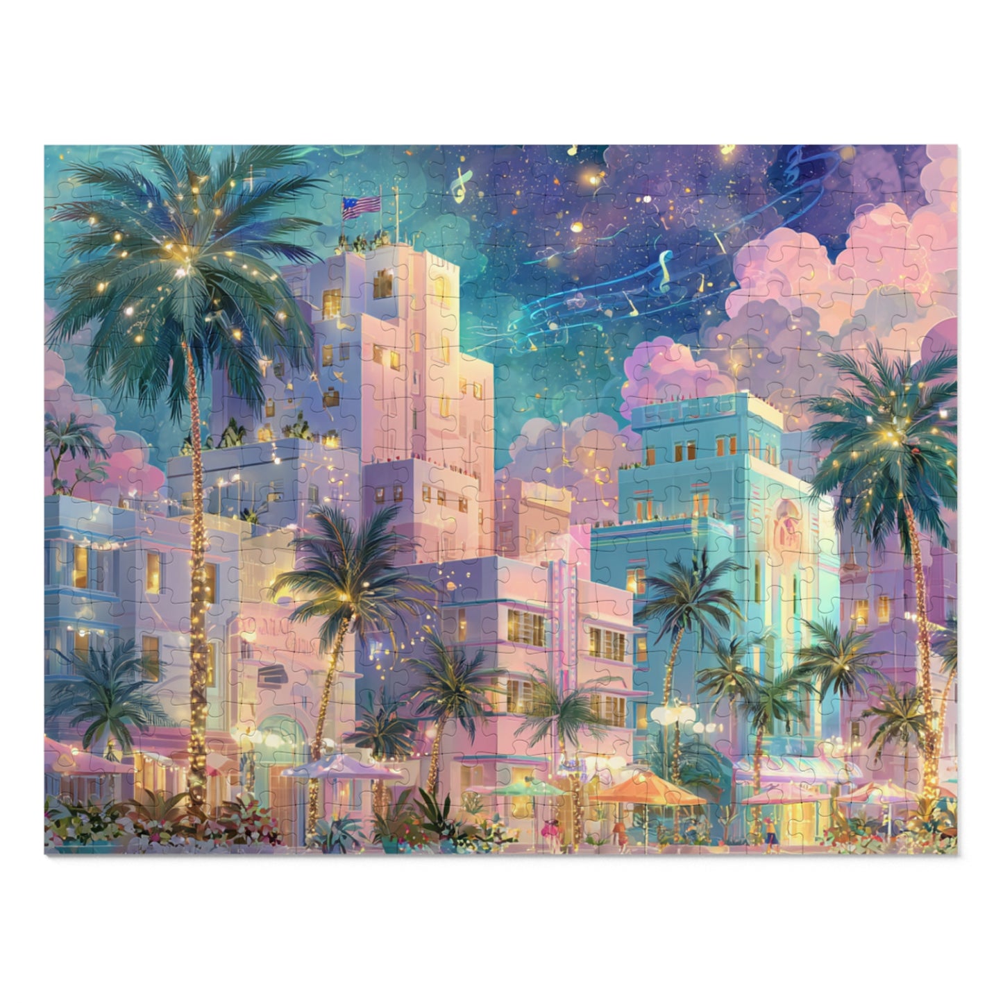Whimsical Miami Puzzle – Colorful Tropical Cityscape-Jigsaw Puzzle with Tin