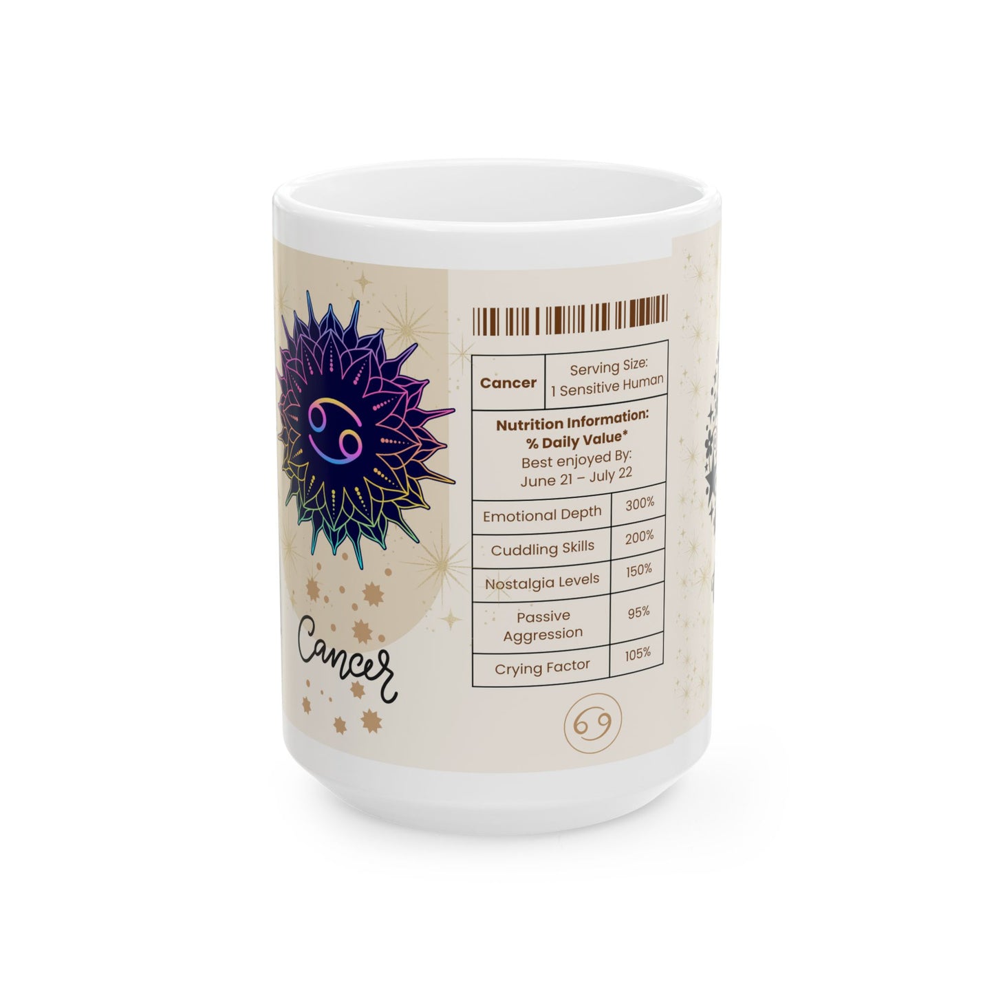 Cancer Nutrition Facts Mug, Funny Astrology Gift, Zodiac Ceramic Mug 11oz & 15oz, Birthday Gift for Cancer, Astrology Lover Gift