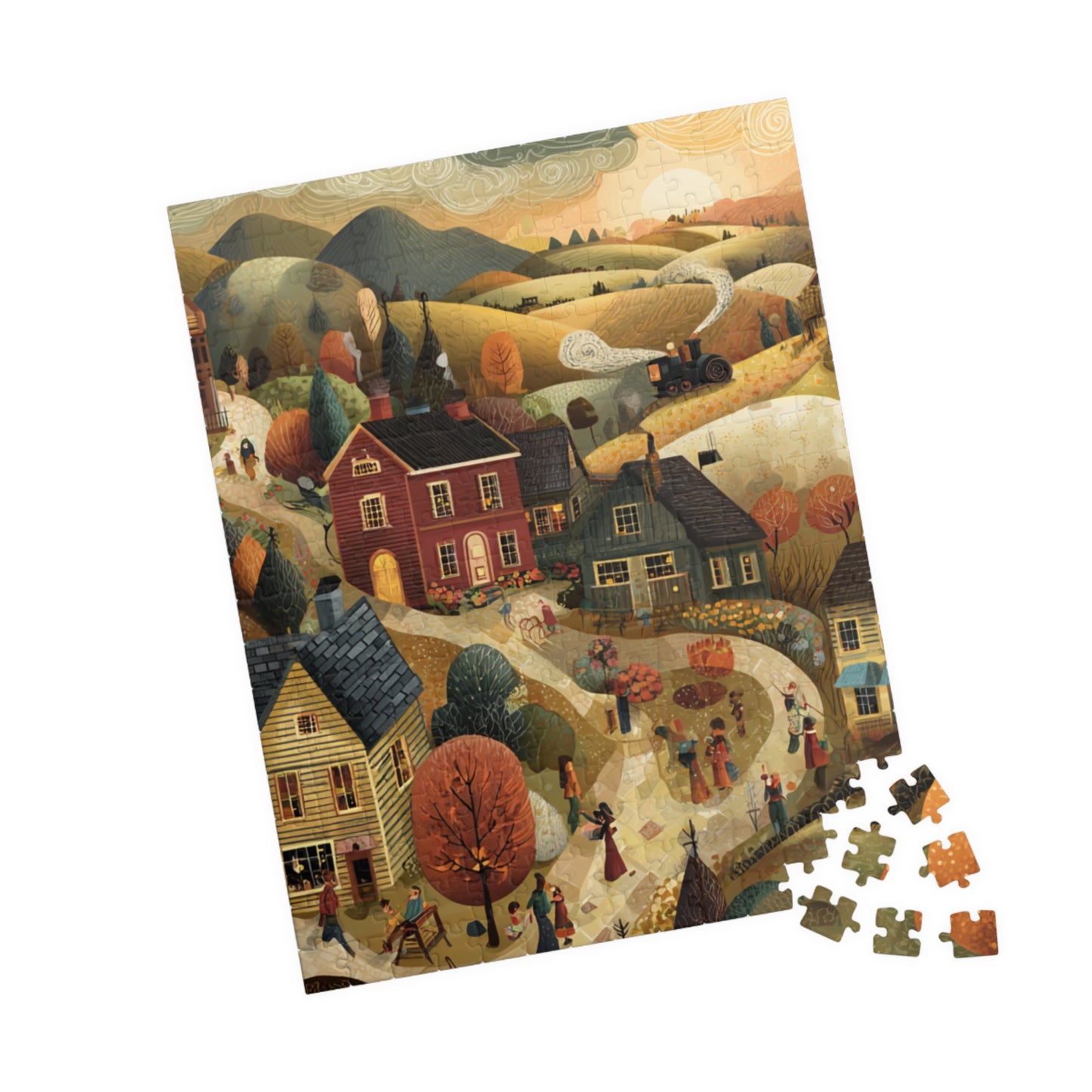 Golden Harvest Lane Puzzle | Cozy Autumn Village Scene | Fall Countryside Jigsaw Gift | Jazz N’ Coffee Puzzles
