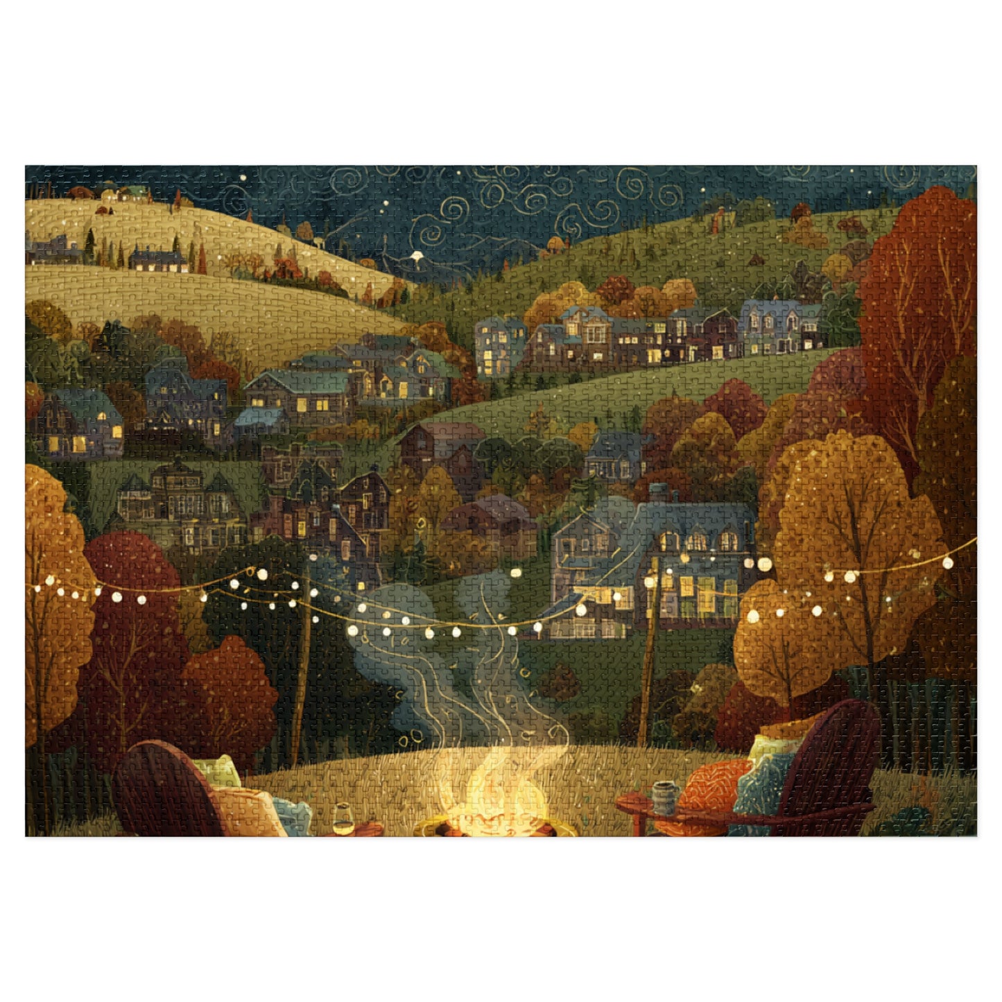 Cozy Hillside Evening Jigsaw Puzzle with Tin — Scenic Campfire Village Puzzle