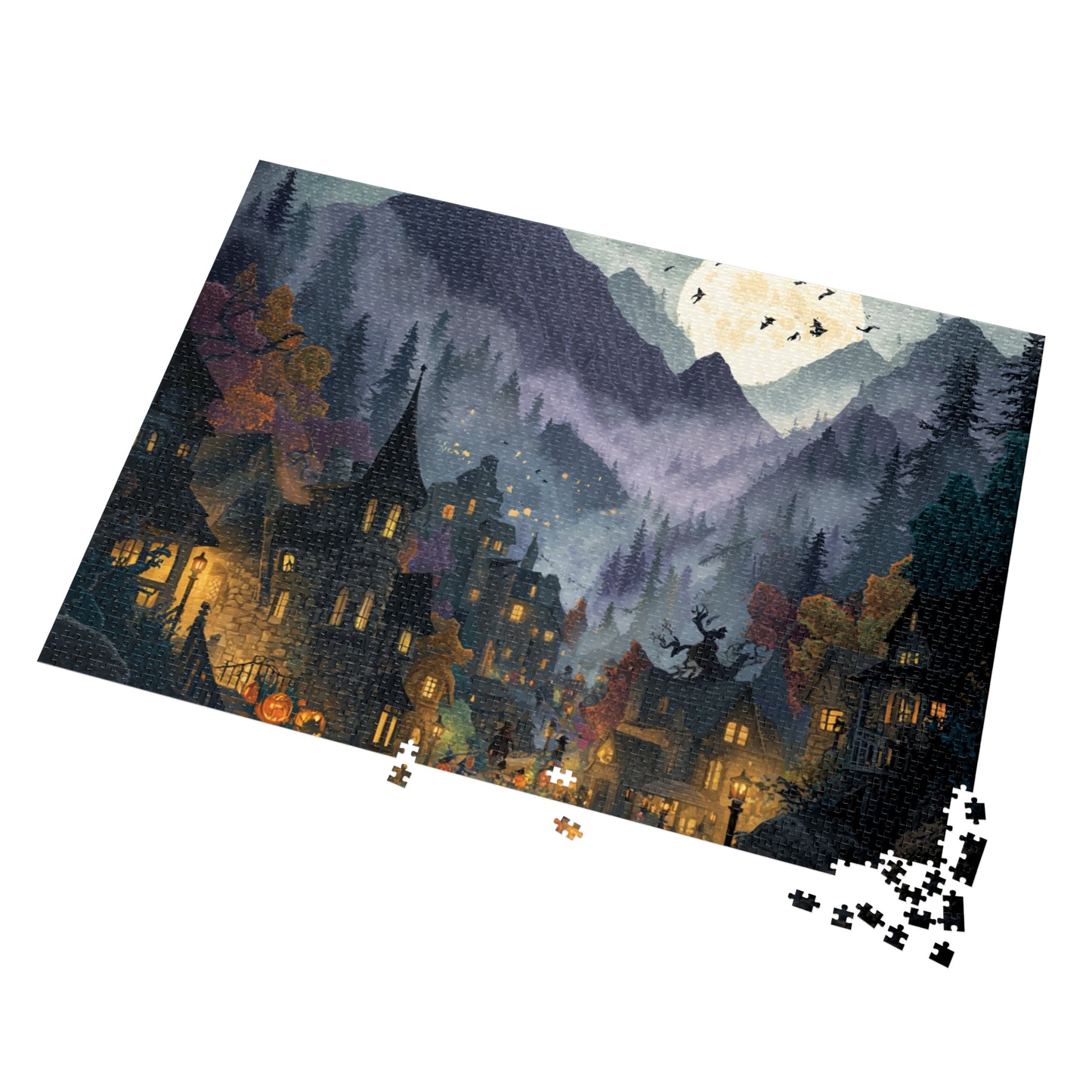 Spookington Village Puzzle Collection,  Spookington Village on Old Hallows Eve with Tin, Halloween Puzzle