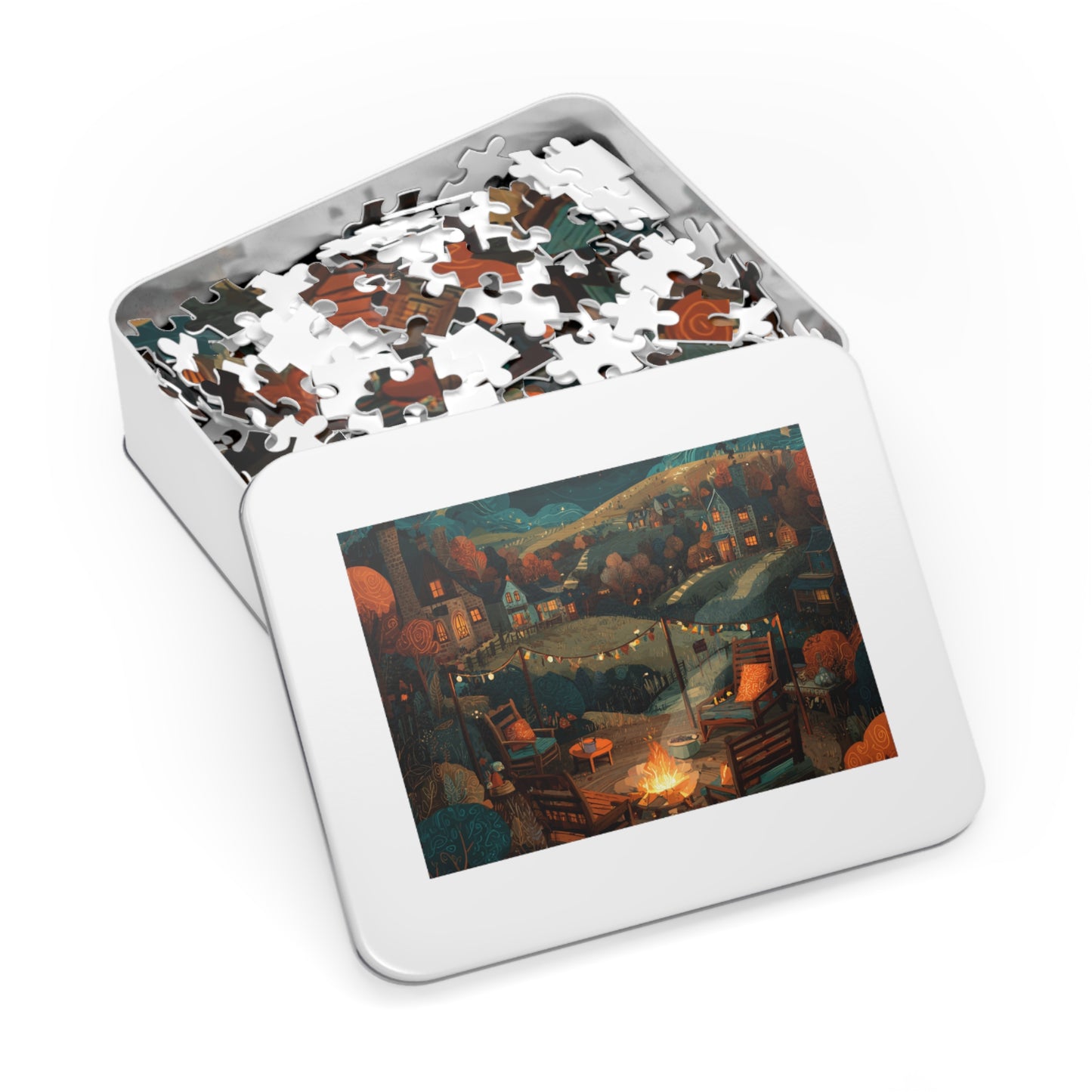 Cozy Campfire Village Jigsaw Puzzle with Tin — 500pc Scenic Nighttime Puzzle