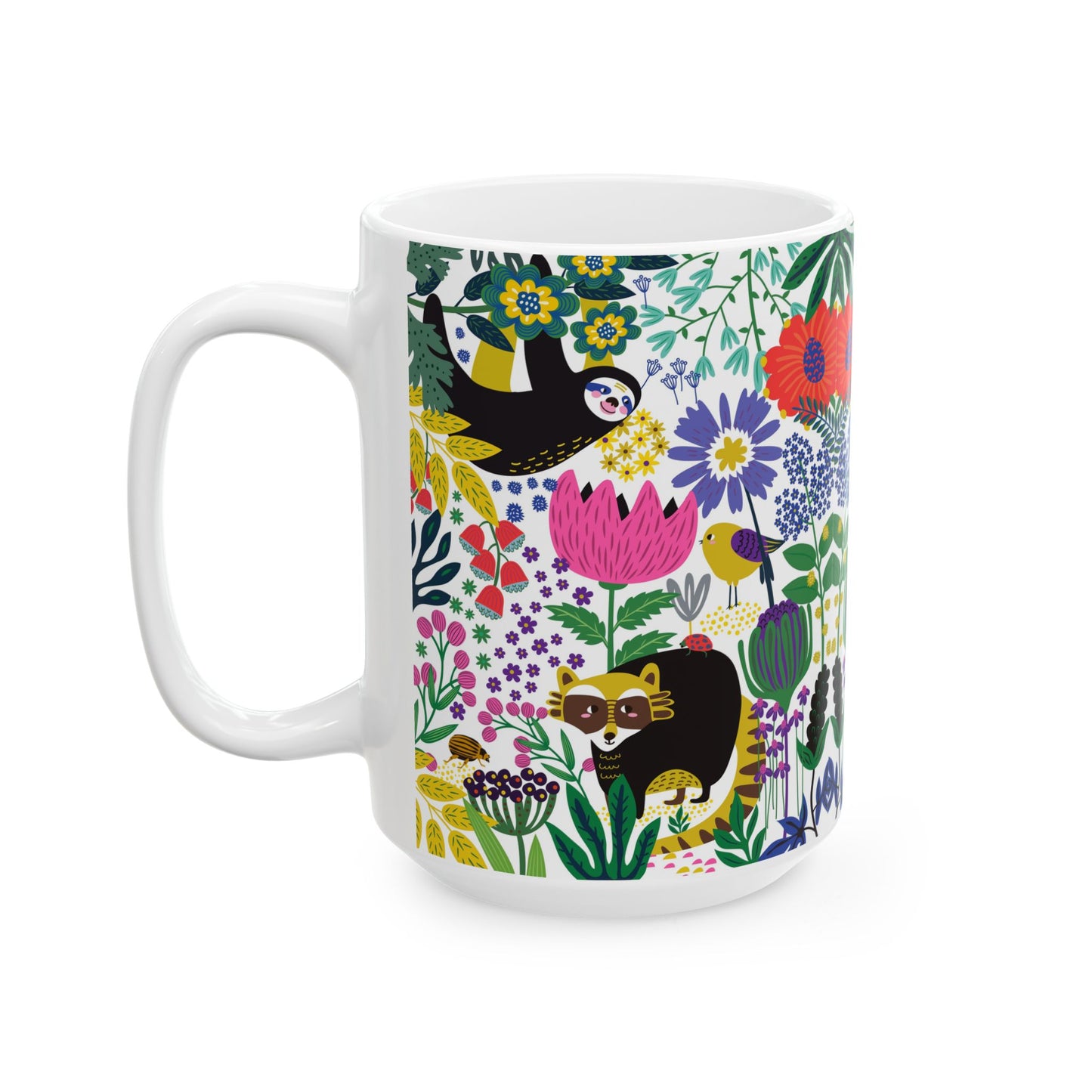 Whimsical Sloth & Raccoon Mug, Bright Floral Forest Animal Coffee Cup, Cheerful Design, 11oz and  15oz, Cute Animal Lover Gift
