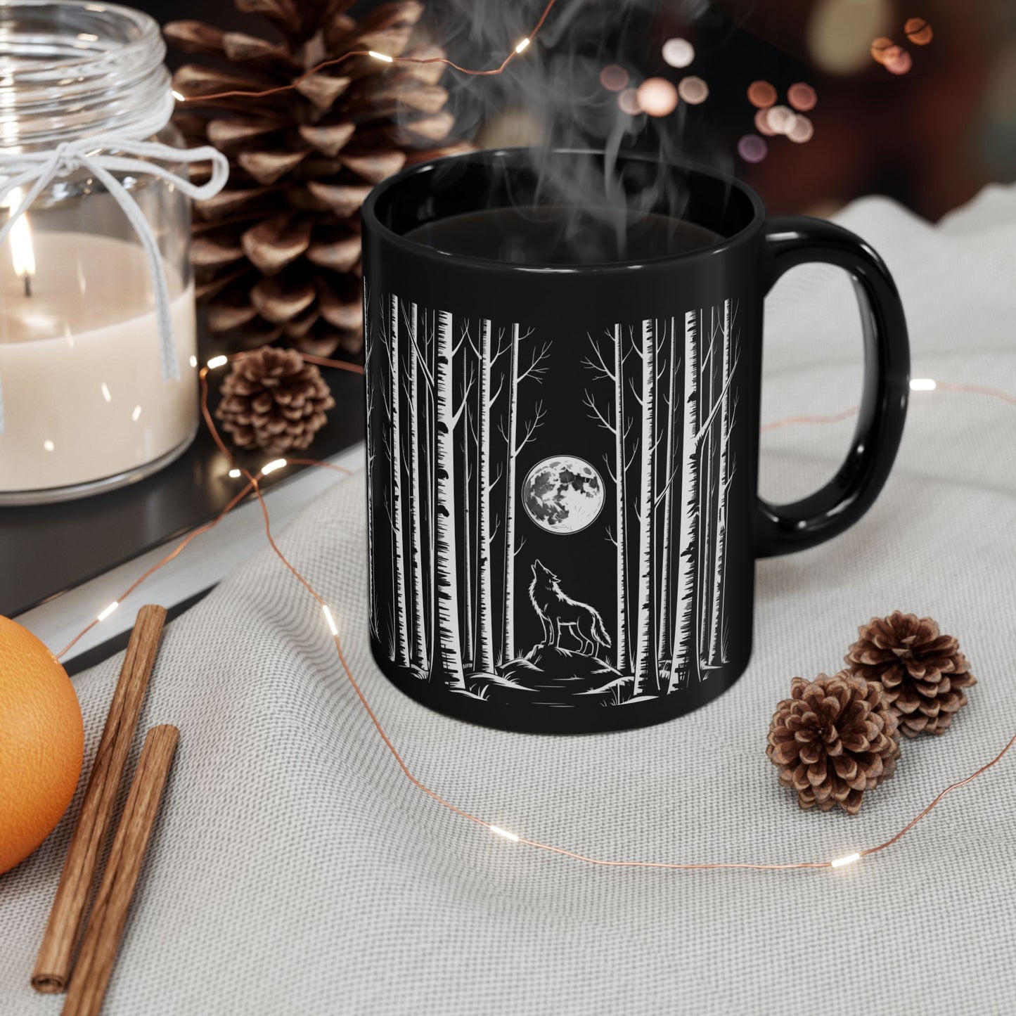 Wolf Howling at the Moon Forest Mug — Black Ceramic Coffee Cup (11oz, 15oz)