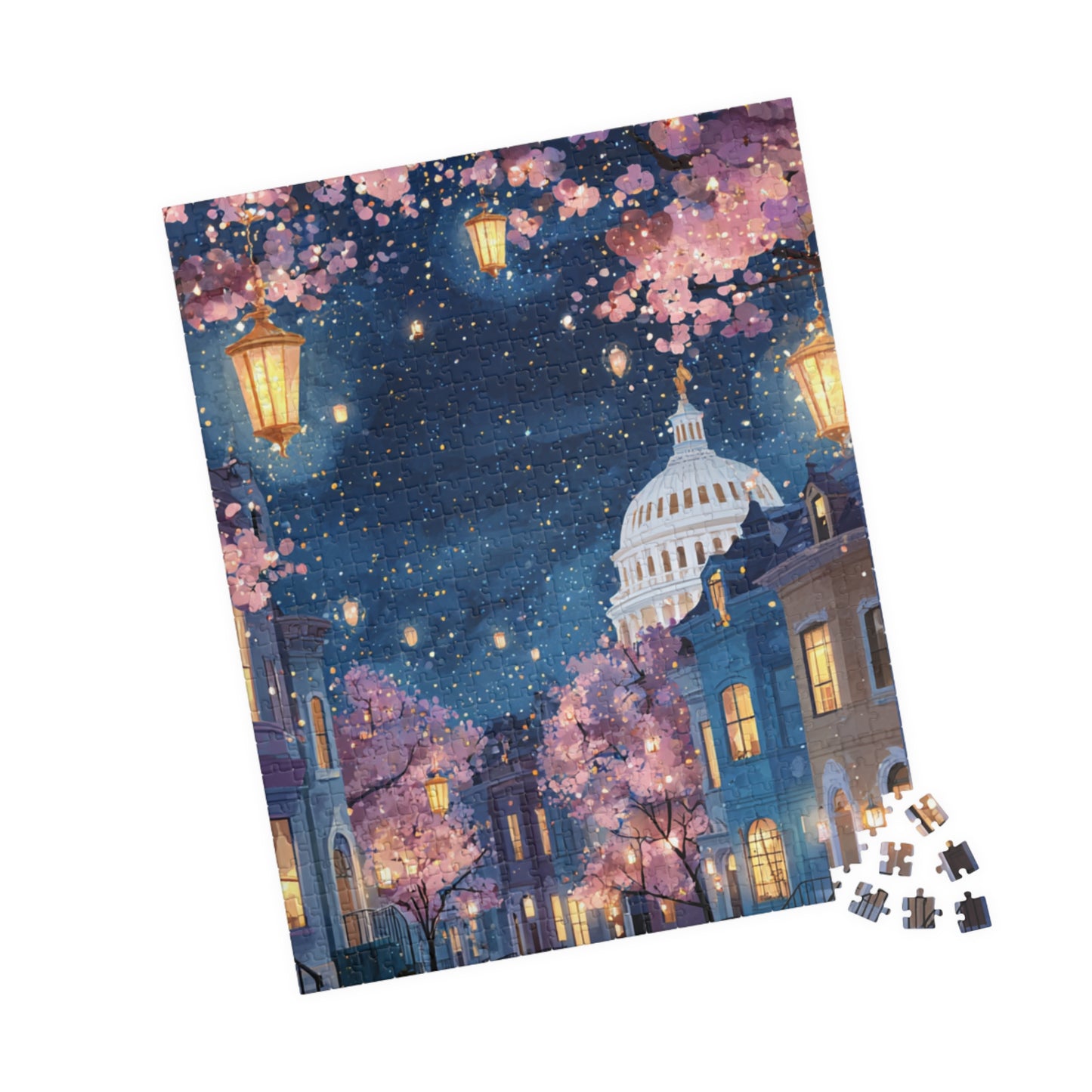 Cherry Blossom Night Skyline Puzzle — Washington Capitol Evening Jigsaw (110–1014 pcs)
