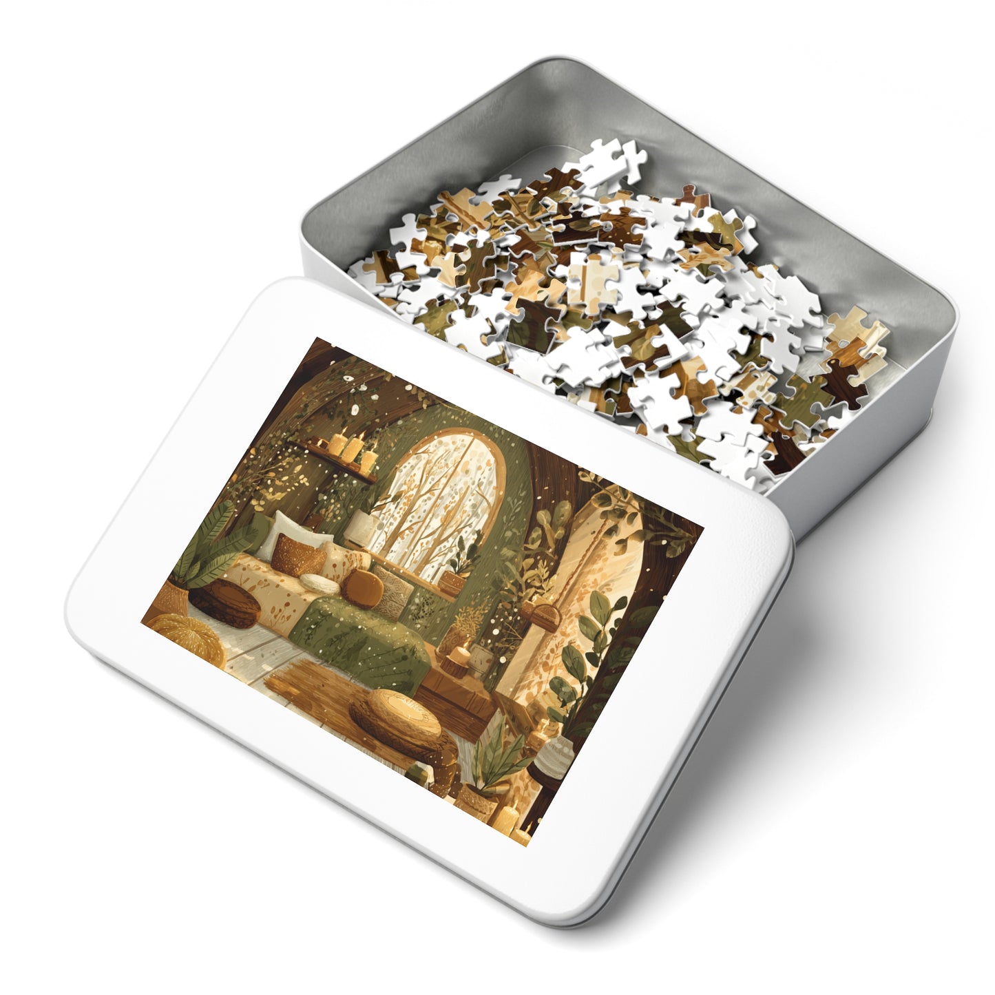 Cozy Green Nook Jigsaw Puzzle with Tin – Calming Botanical Room Scene