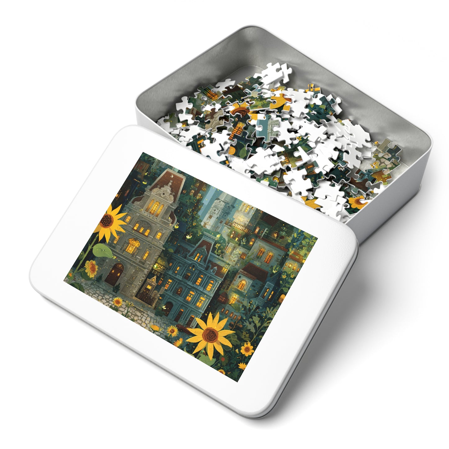 Whimsical Philadelphia Cityscape Sunflower Jigsaw Puzzle with Tin