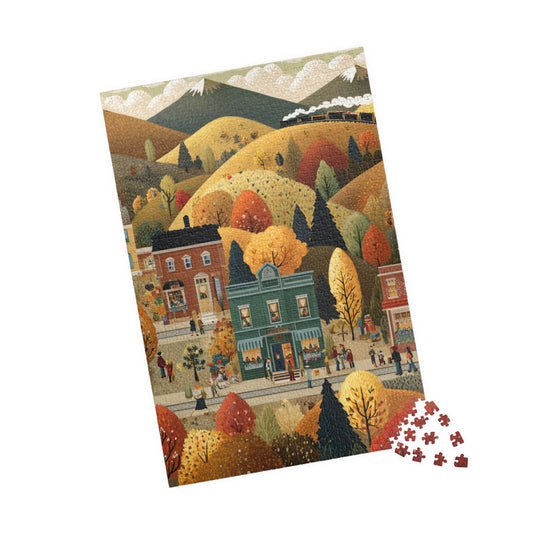 Whispering Pines Village Puzzle | Autumn Mountain Countryside Scene | Cozy Fall Jigsaw Gift | Jazz N’ Coffee Puzzles