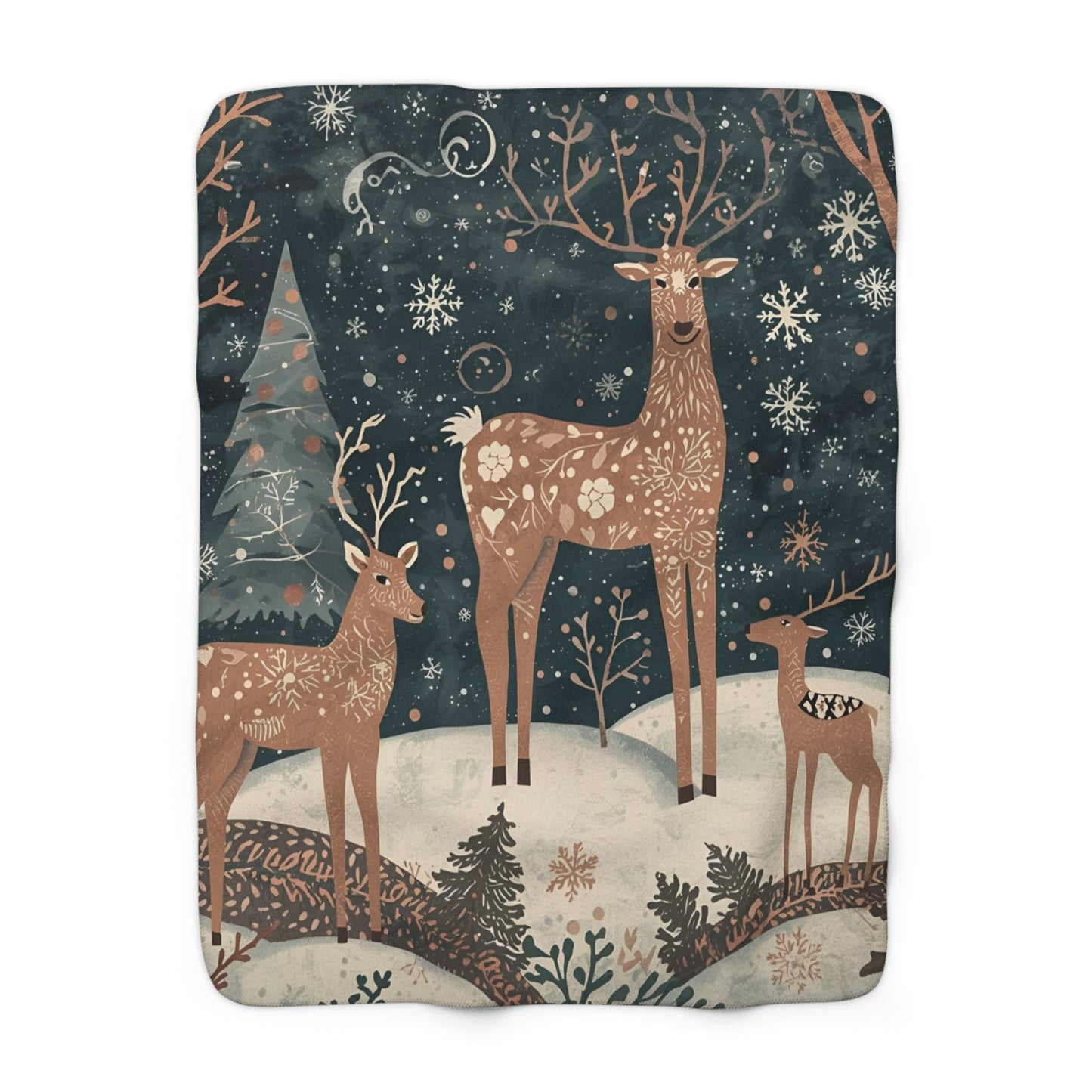 Whimsical Deer Sherpa Fleece Blanket | Winter Deer, Snowflake & Pine Tree Throw | Cozy Woodland Blanket Gift | Soft Plush Warm Winter Decor