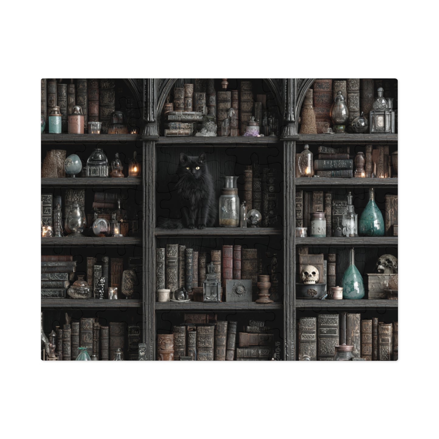 Witchs Shadowy Library Puzzle with a Black Cat, Spellbooks and Enchanted Tomes, Jigsaw Puzzle with tin,  Halloween Gift Idea