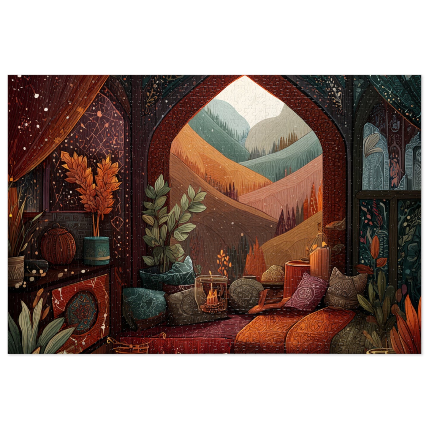 Cozy Autumn Window View Jigsaw Puzzle — 500-Piece Scenic Puzzle with Tin