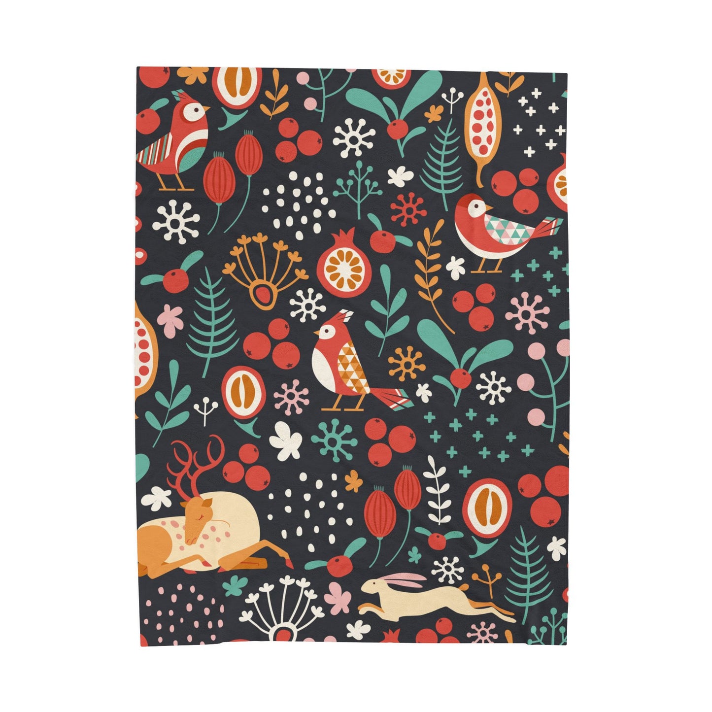 Velveteen Plush Blanket — Whimsical Forest Animals & Berries Throw