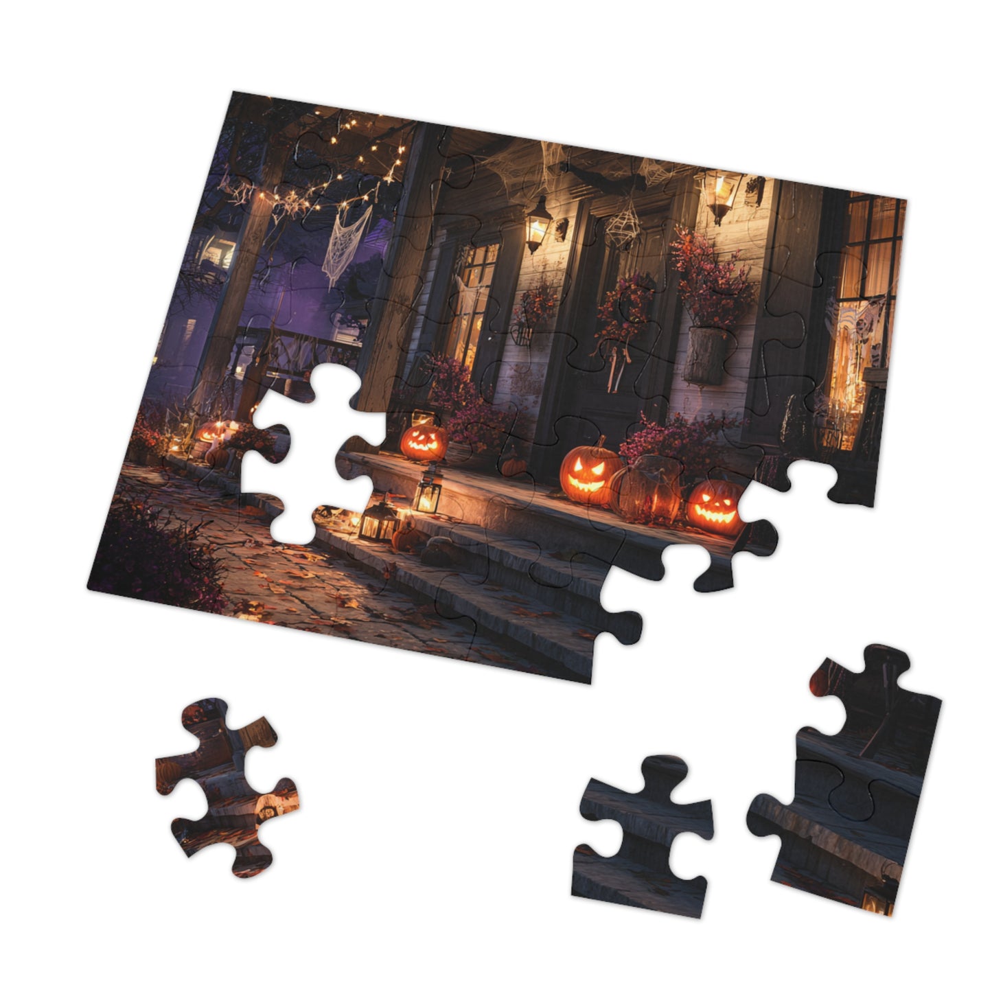 Halloween Porch Jigsaw Puzzle with Tin – Spooky Jack-O’-Lantern Night