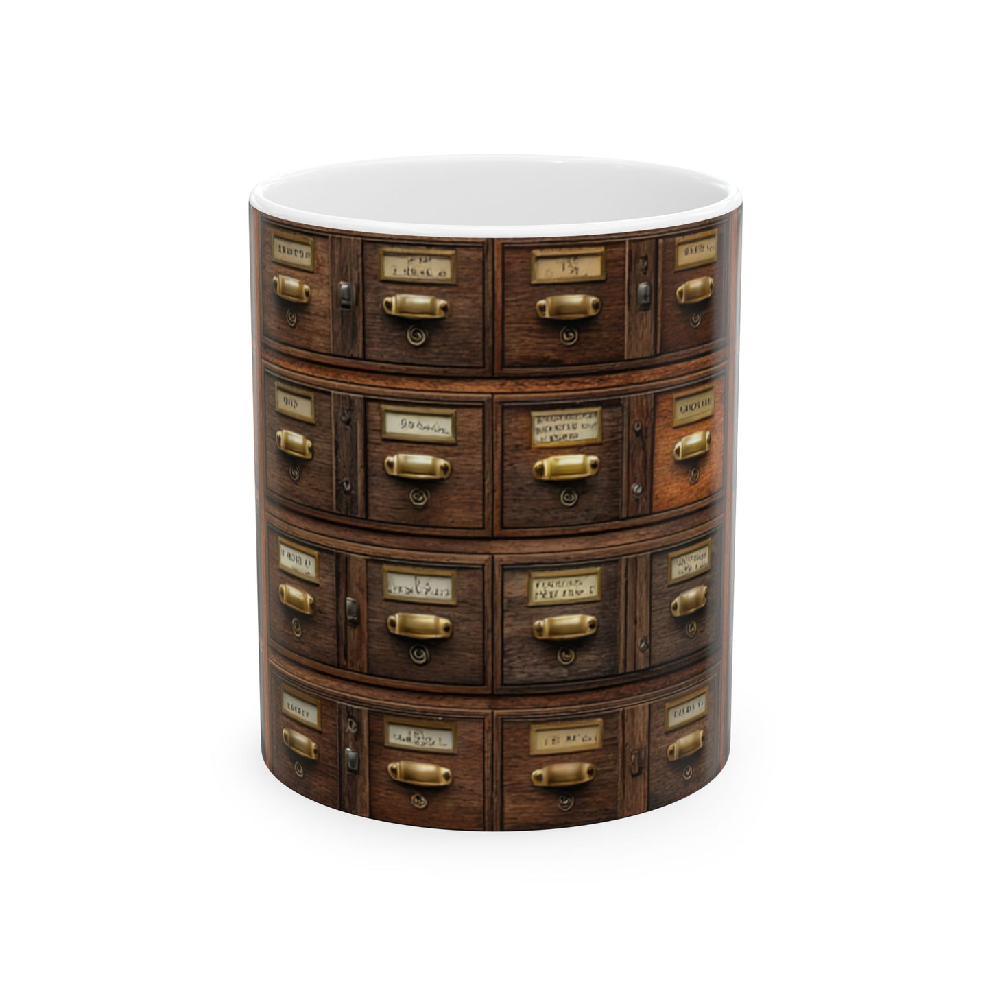 Vintage Library Card Catalog Mug — Antique Wooden Drawer Pattern Ceramic Coffee Cup (11oz/15oz)