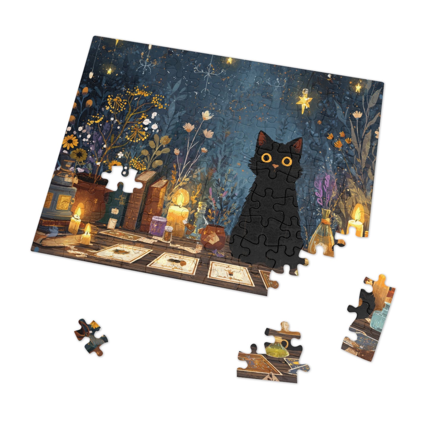 Enchanted Black Cat Puzzle with Tarot, Candles, and Spellbinding Herbs in A Gift Tin. Gift for Cat lovers, Halloween Gift Puzzle
