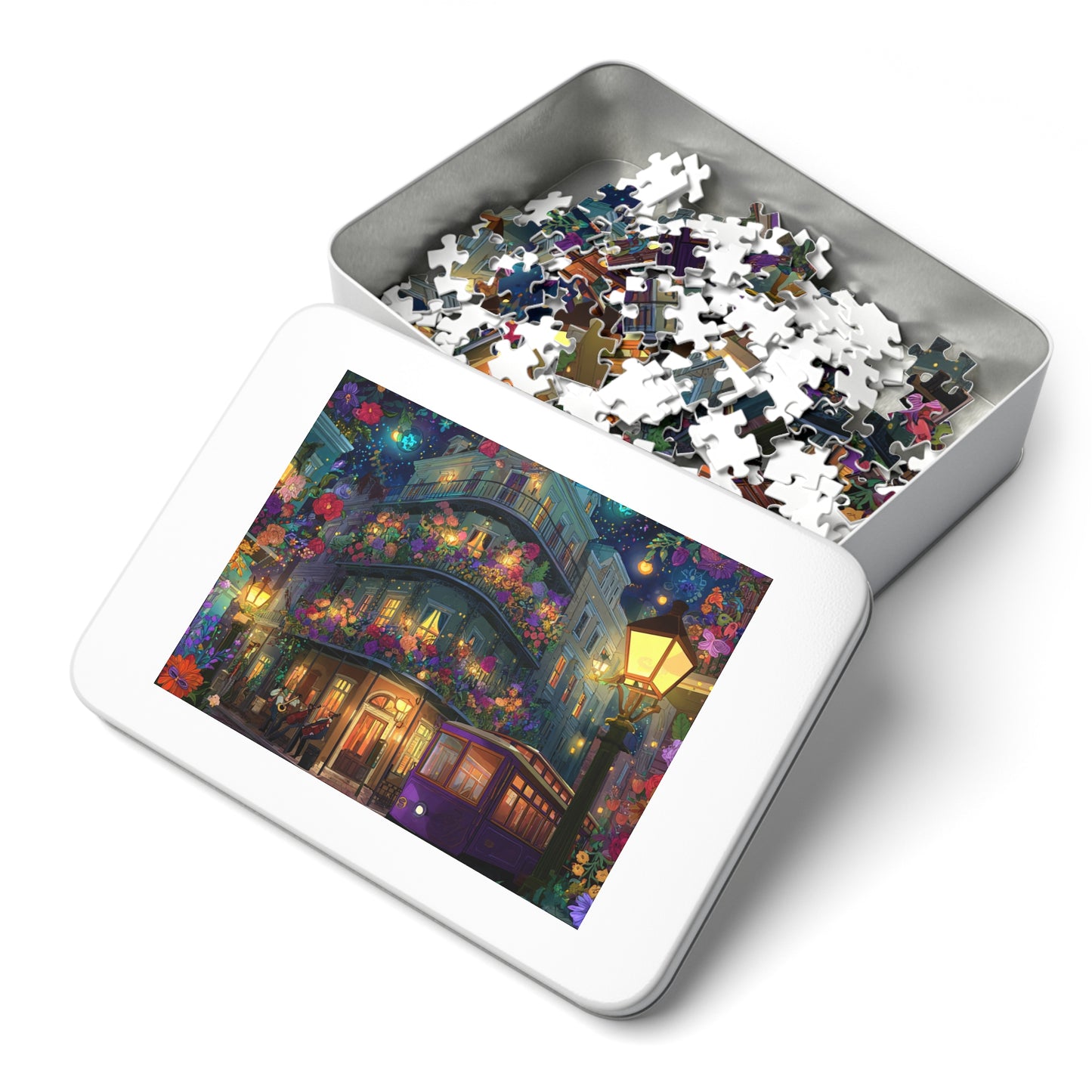 Whimsical Floral New Orleans Puzzle – A Colorful French Quarter Adventure Jigsaw Puzzle with Tin