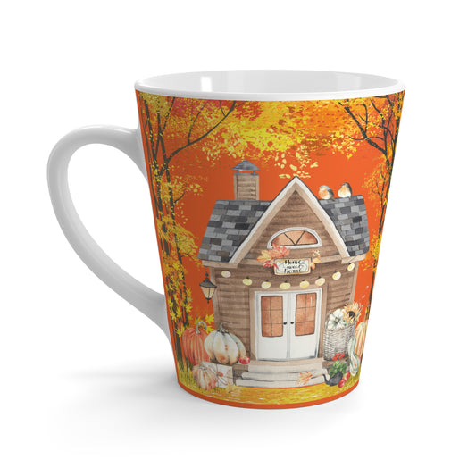 Autumn Cottage Latte Mug (12 oz) | Cozy Fall Coffee Cup | Rustic Cottage Mug | Pumpkin Spice Gift | Jazz N’ Coffee Puzzles