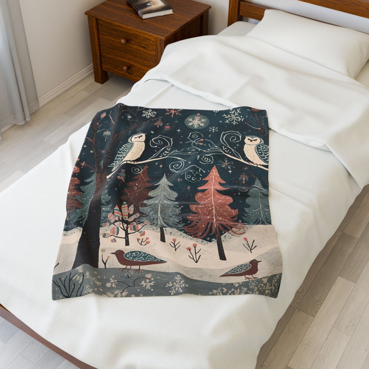 Whimsical Winter Owl Forest Velveteen Plush Blanket | Cozy Woodland Throw | Soft Plush Blanket Gift | Snowy Owl and Pine Tree Decor