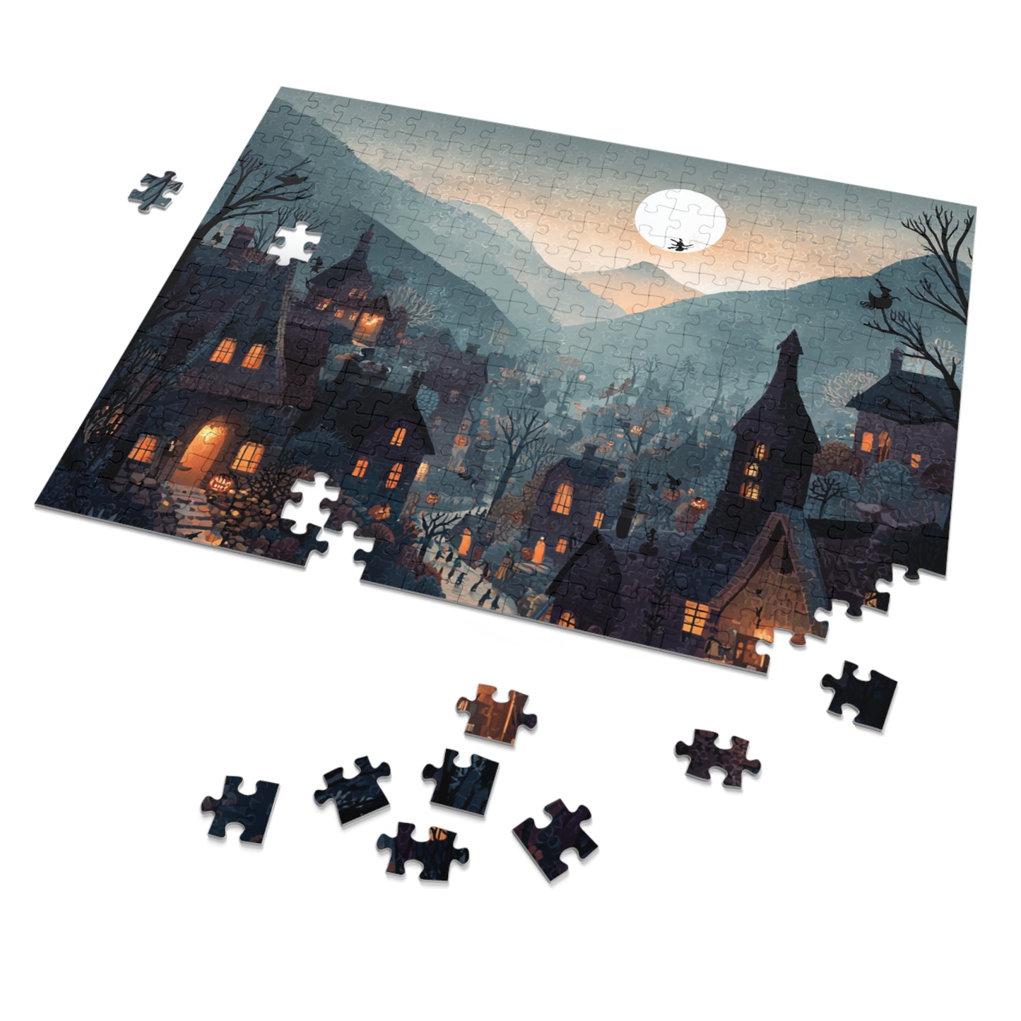 Witchs Coven Village Puzzle, Spooky Halloween Homes, Puzzle with Tin, Halloween Puzzle