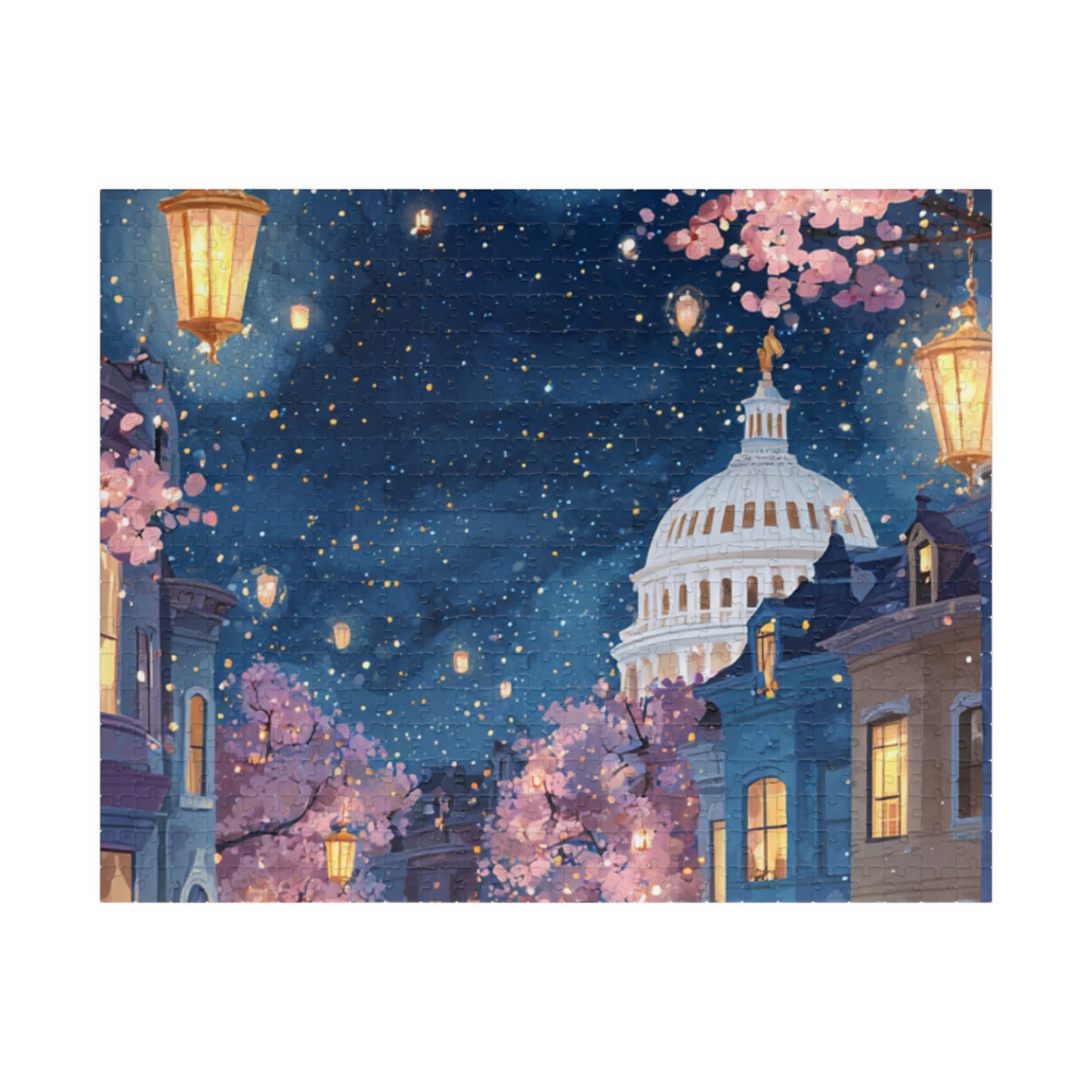 Cherry Blossom Night Skyline Puzzle — Washington Capitol Evening Jigsaw (110–1014 pcs)