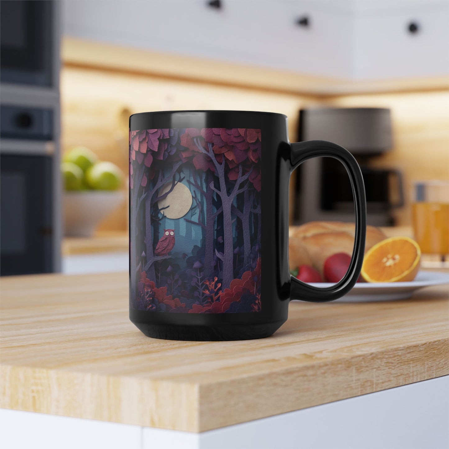 Black Mug with Mystical Forest, Owl and Moon, Colorful Autumn Coffee Cup, Magical Fall Drinkware, 11oz and 15oz
