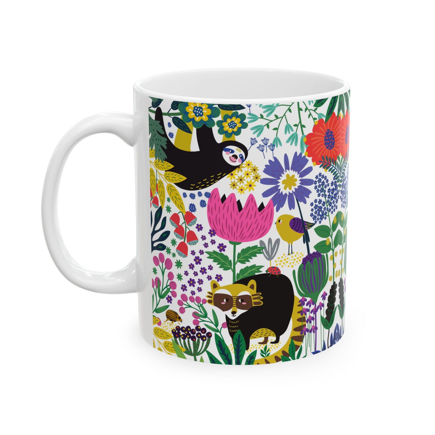 Whimsical Sloth & Raccoon Mug, Bright Floral Forest Animal Coffee Cup, Cheerful Design, 11oz and  15oz, Cute Animal Lover Gift