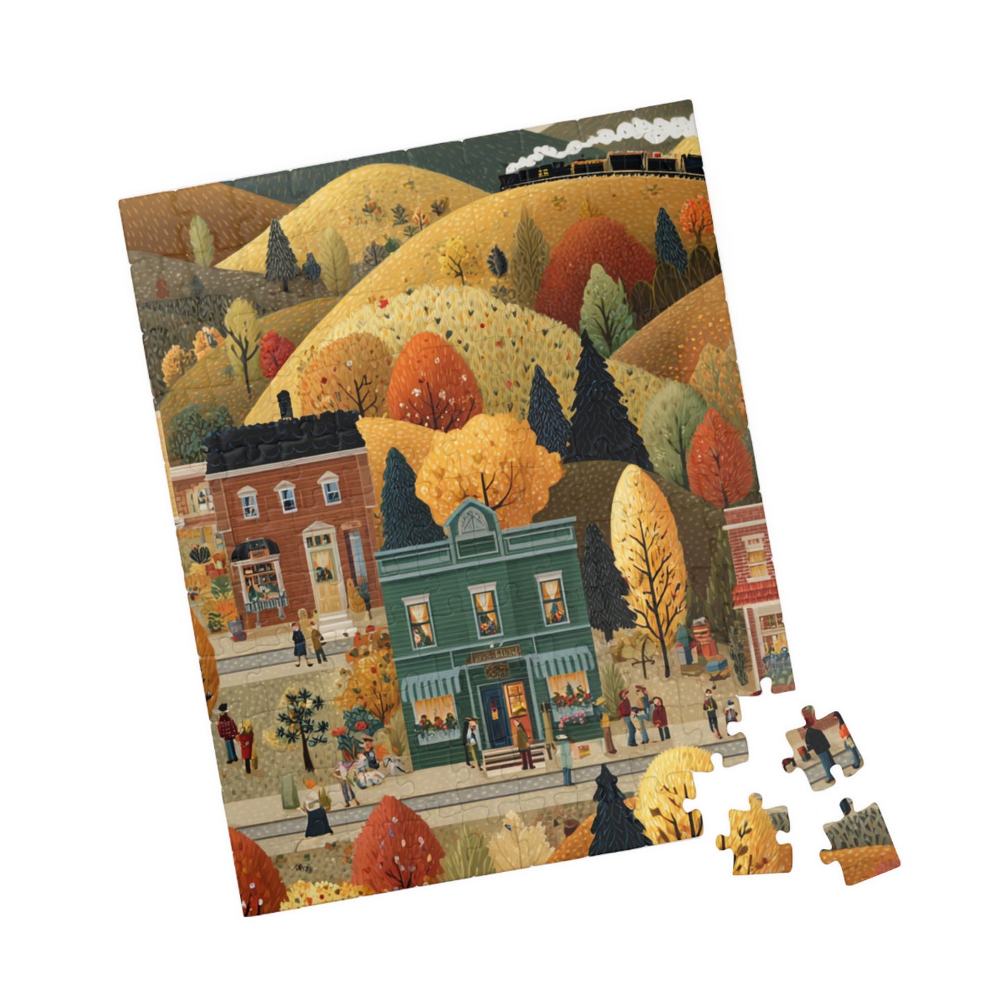 Whispering Pines Village Puzzle | Autumn Mountain Countryside Scene | Cozy Fall Jigsaw Gift | Jazz N’ Coffee Puzzles