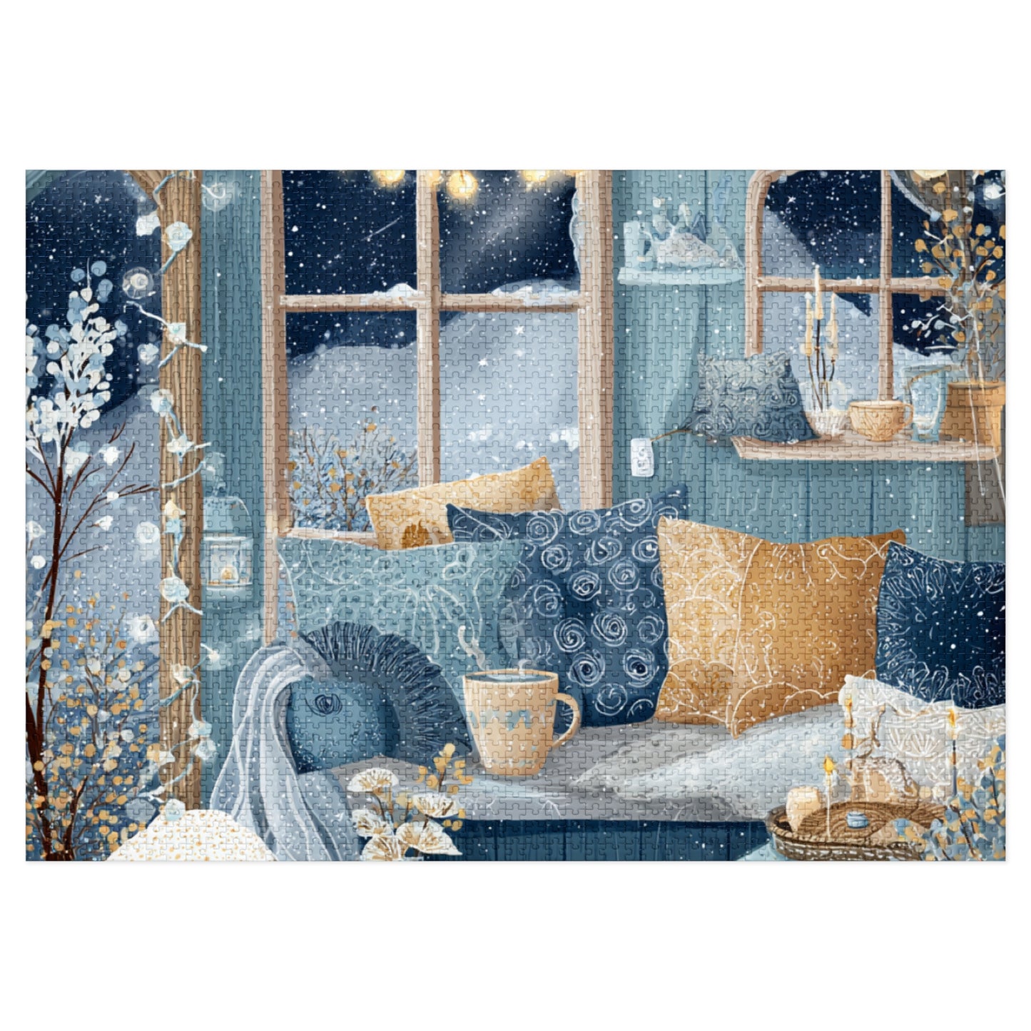 Snowy Hygge Evening by the Window | Cozy Winter Jigsaw Puzzle | Warm Lights, Candles & Cocoa | Relaxing Night-In Puzzle