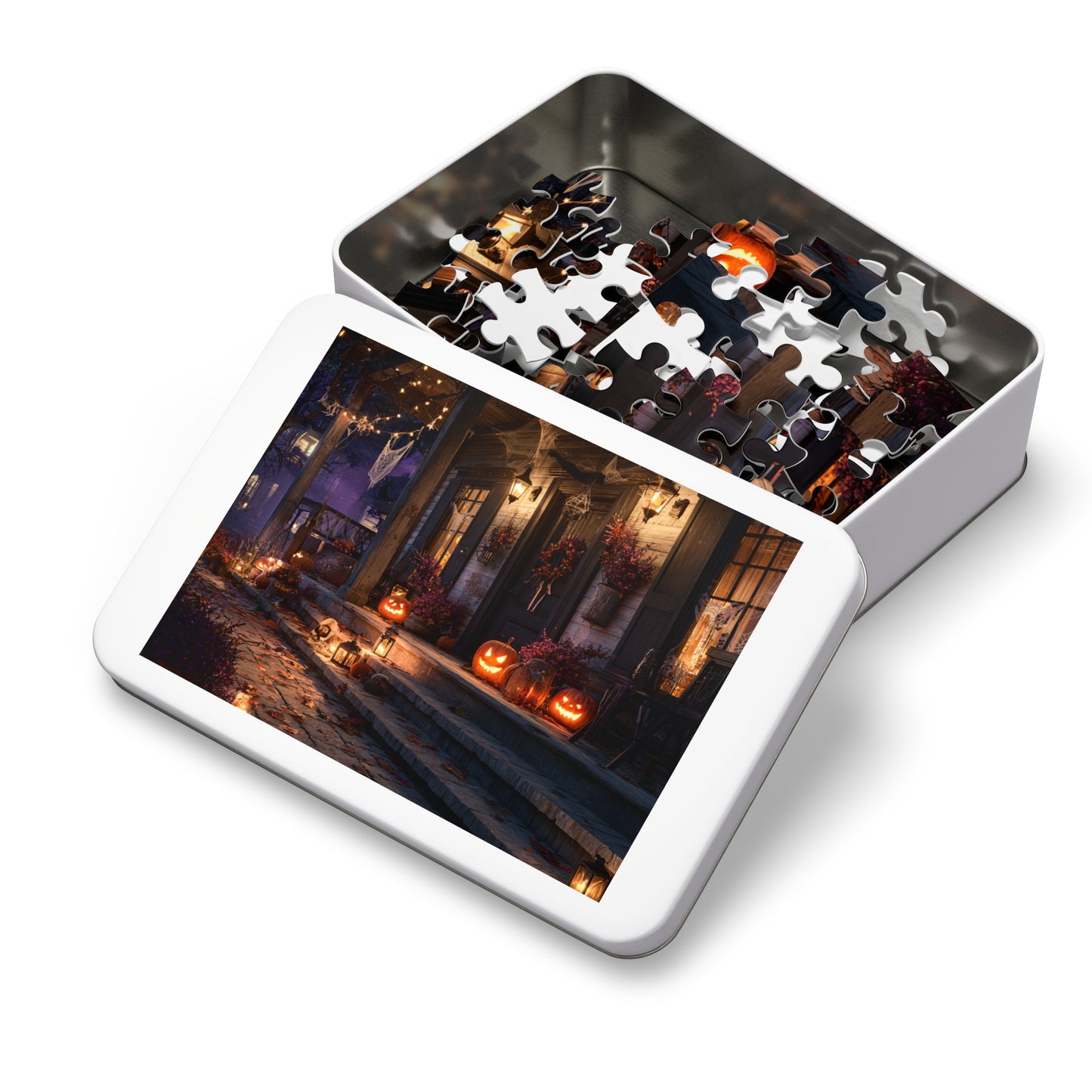 Haunted Halloween Porch Puzzle with Tin, 30, 110, 252, 500, 1000 and 2000-piece variations, Puzzle for Halloween Lovers